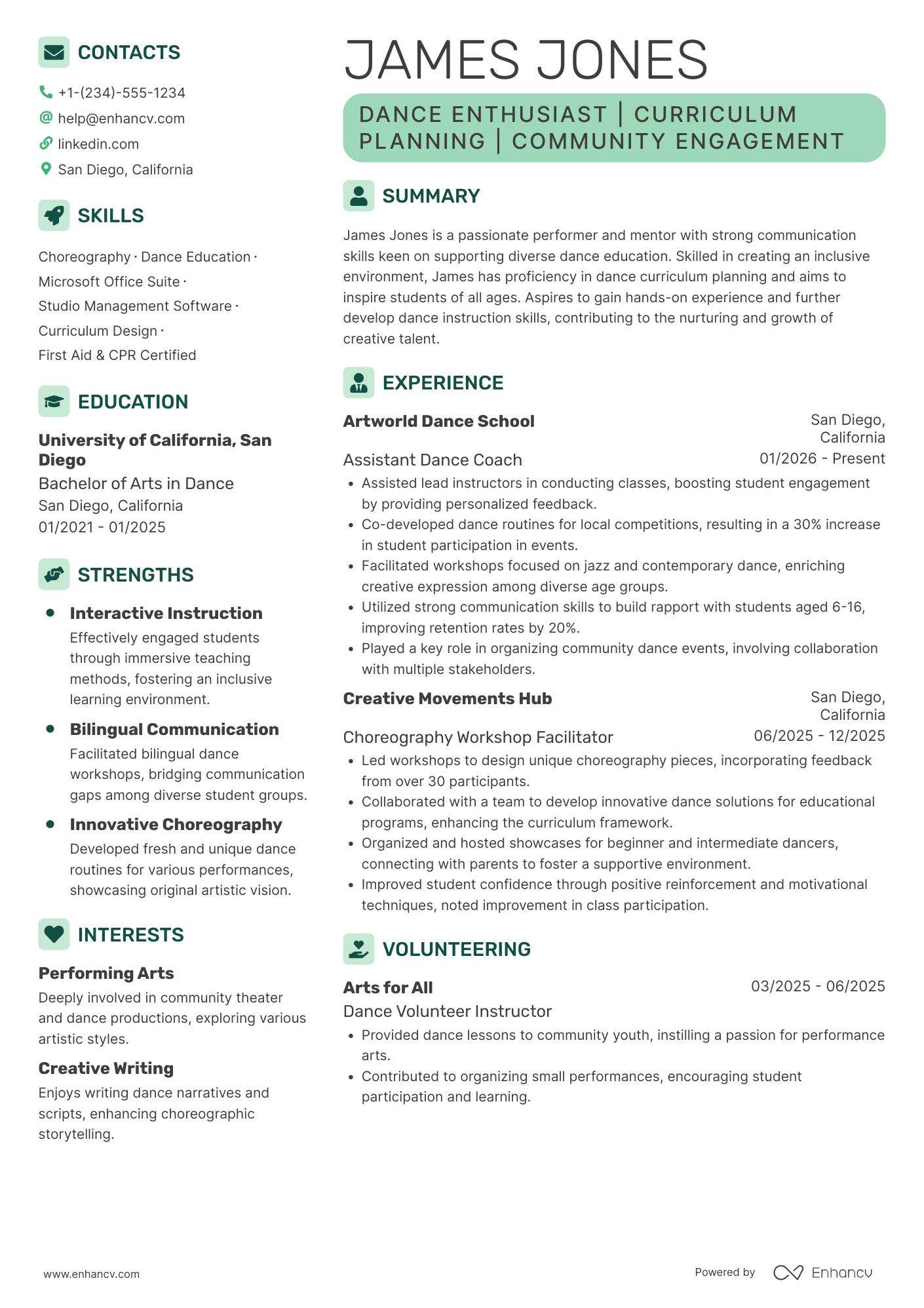 A resume example of a Dance Teacher Intern