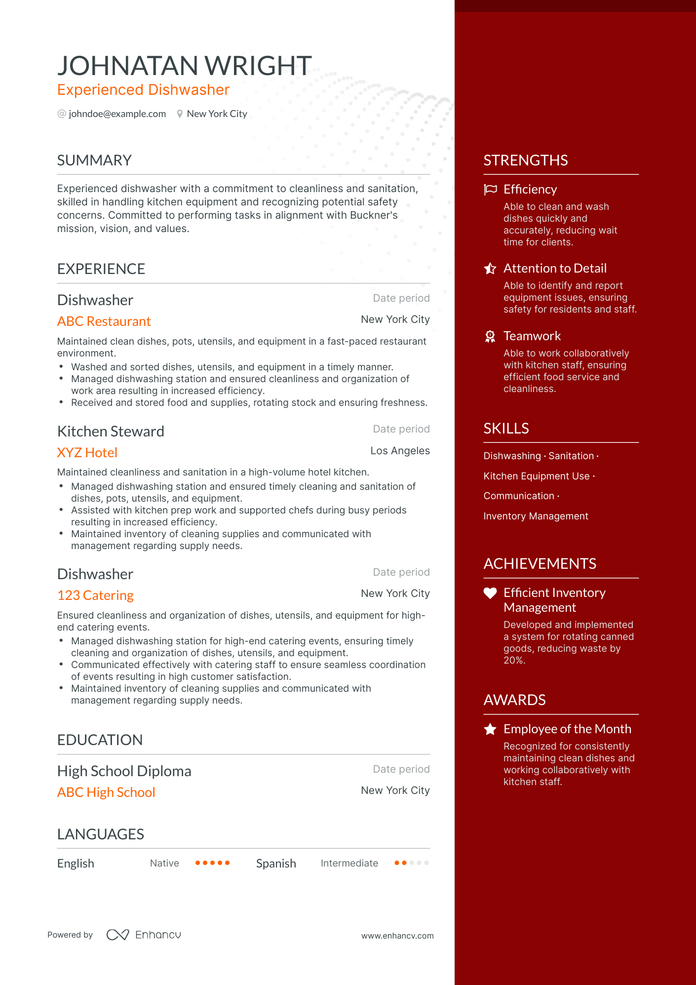 One Page Dishwasher Resume Template