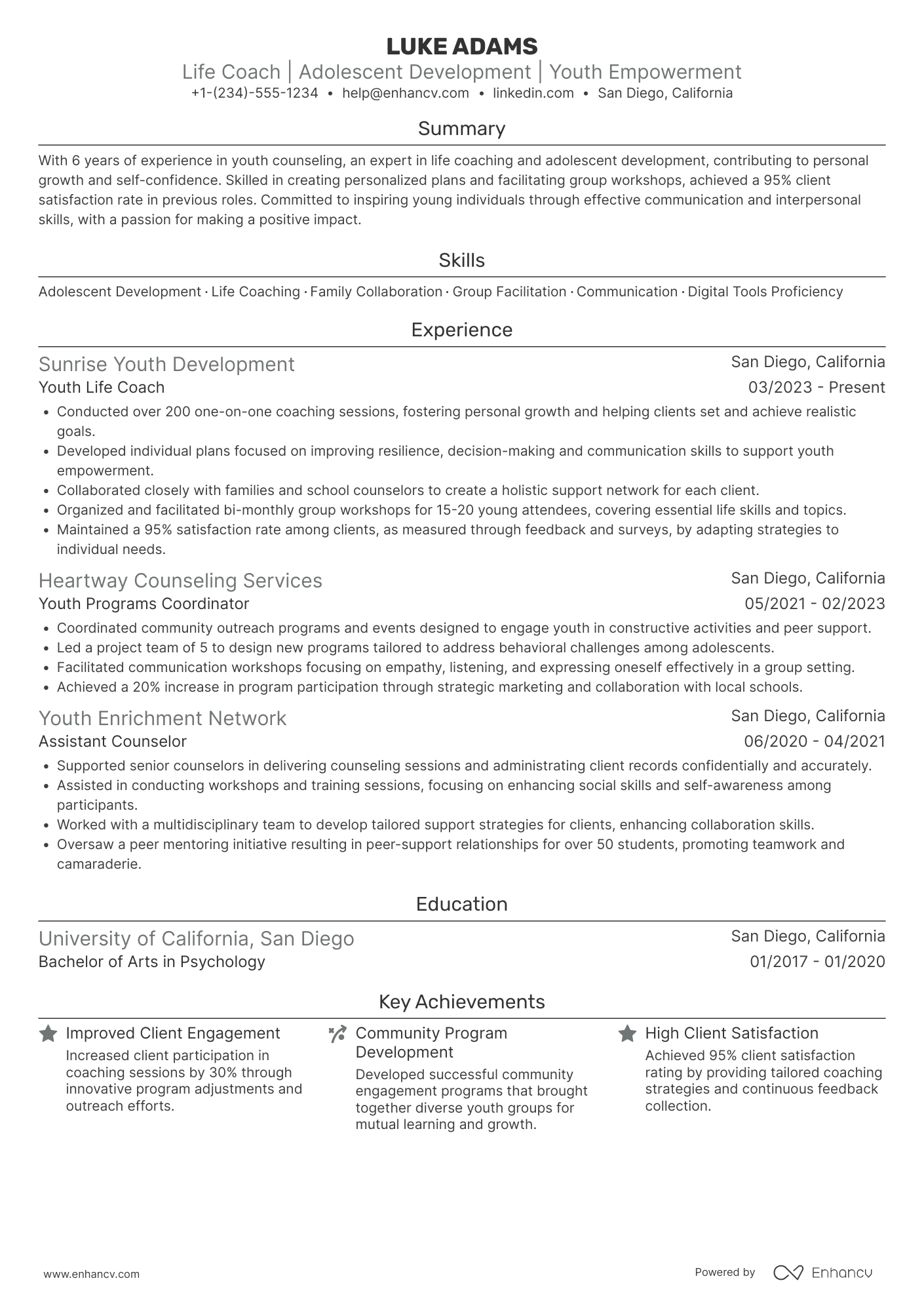 A resume example of a Youth Life Coach