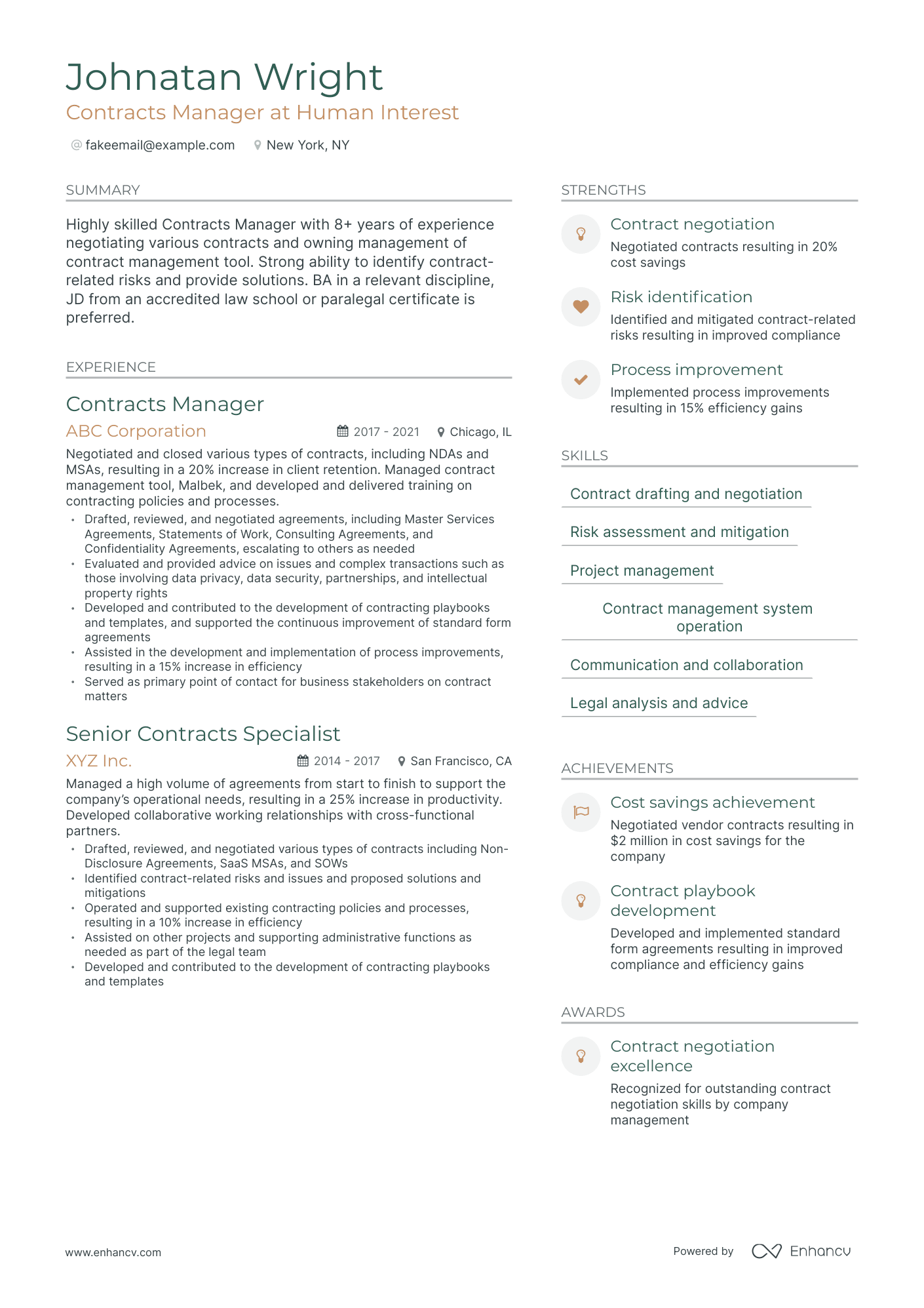 Modern Contracts Manager Resume Template
