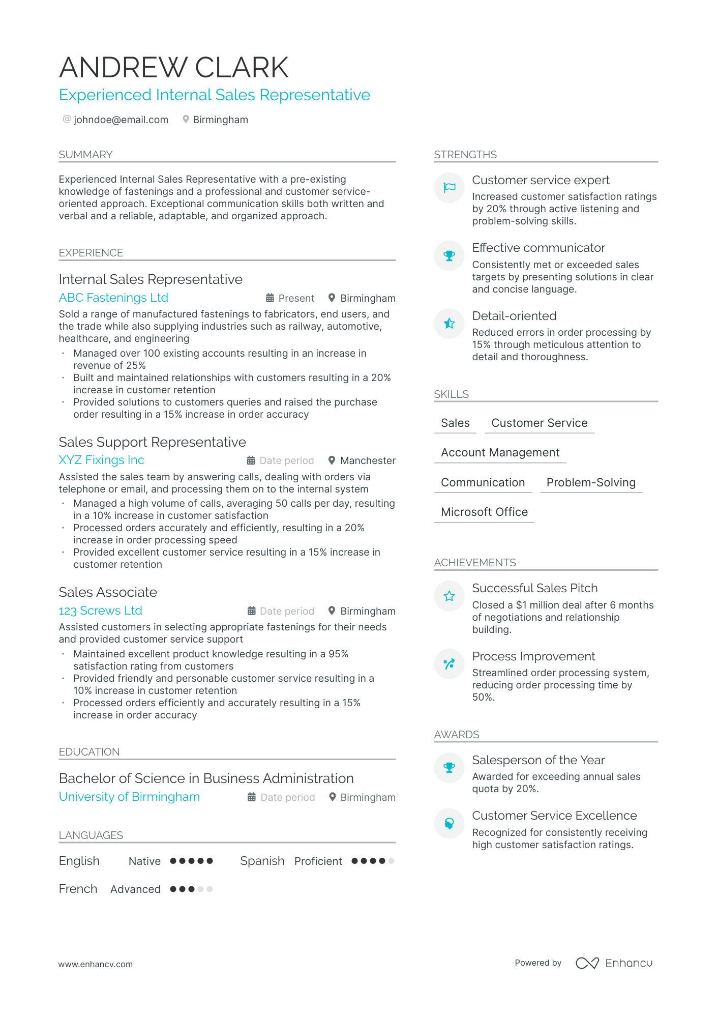 A resume example of a Sales Support Representative