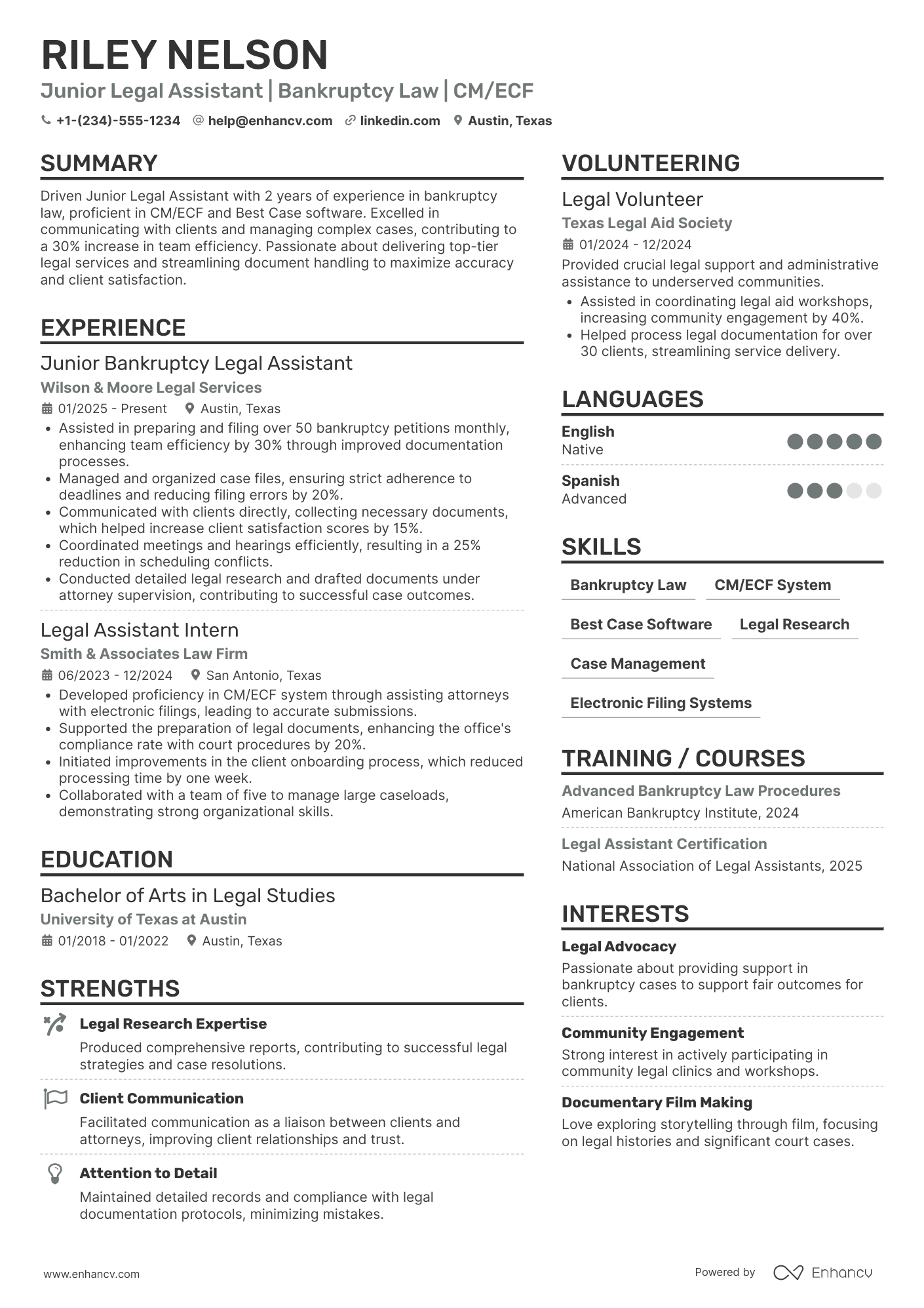 A resume example of a Bankruptcy Legal Assistant