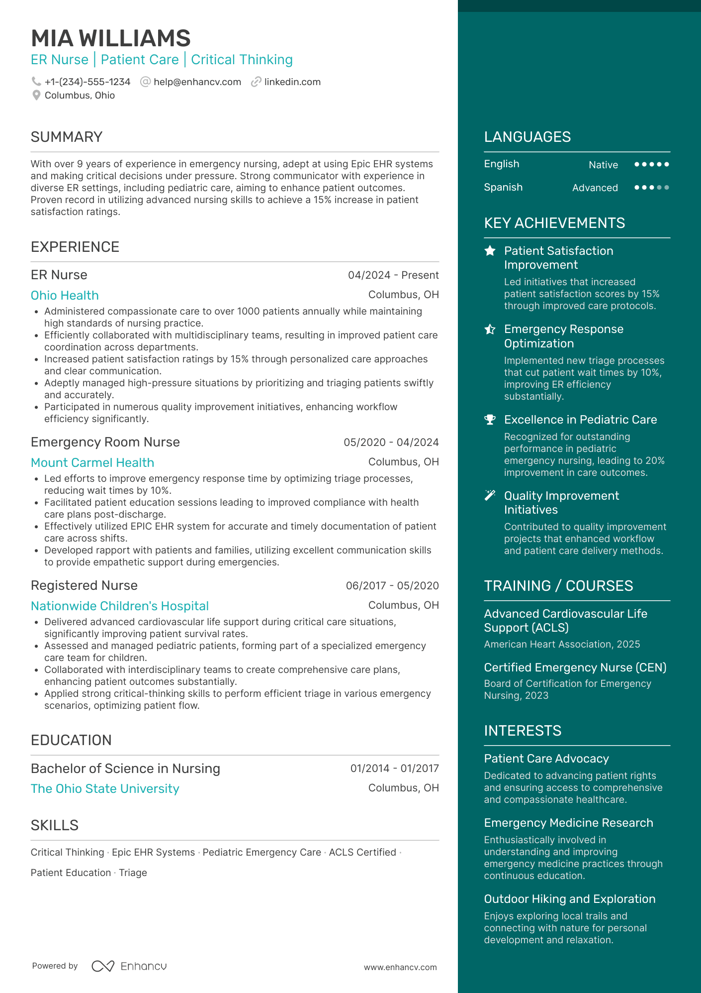 A resume example of a ER Float Nurse