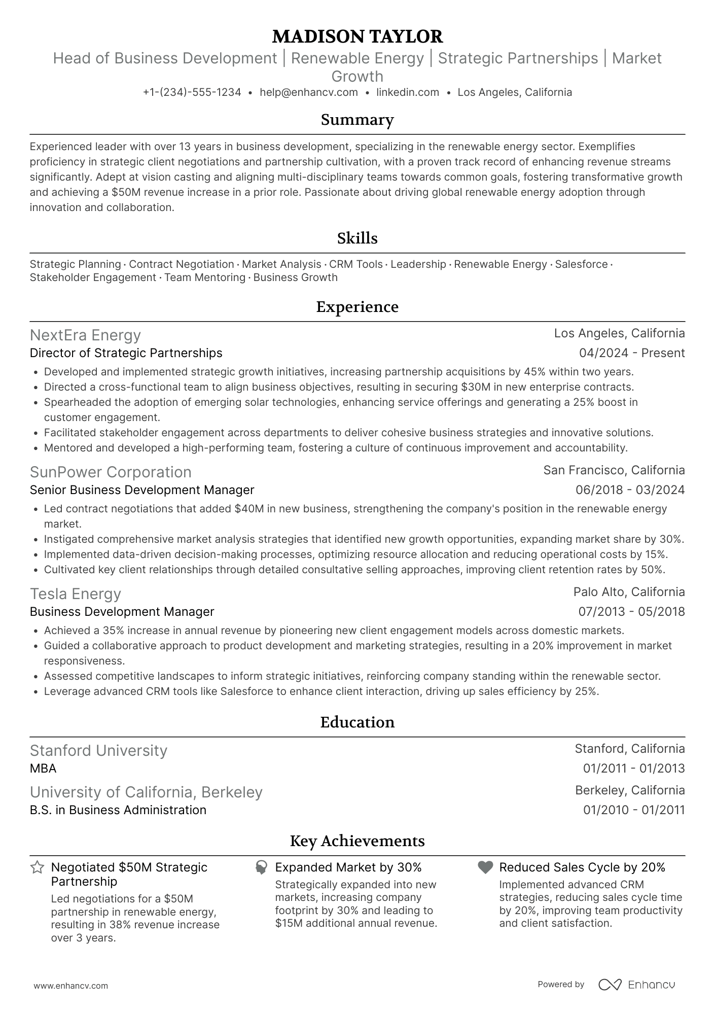 A resume example of a Head of Business Development