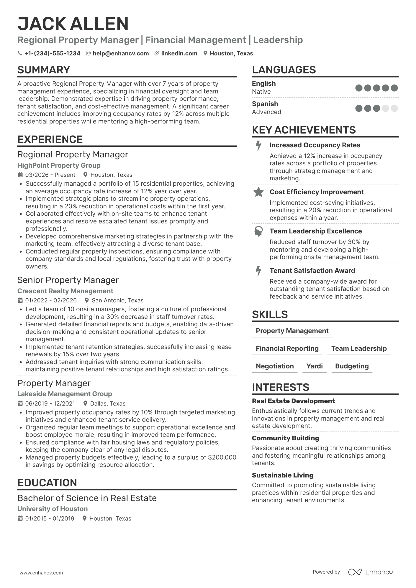 A resume example of a Regional Property Manager
