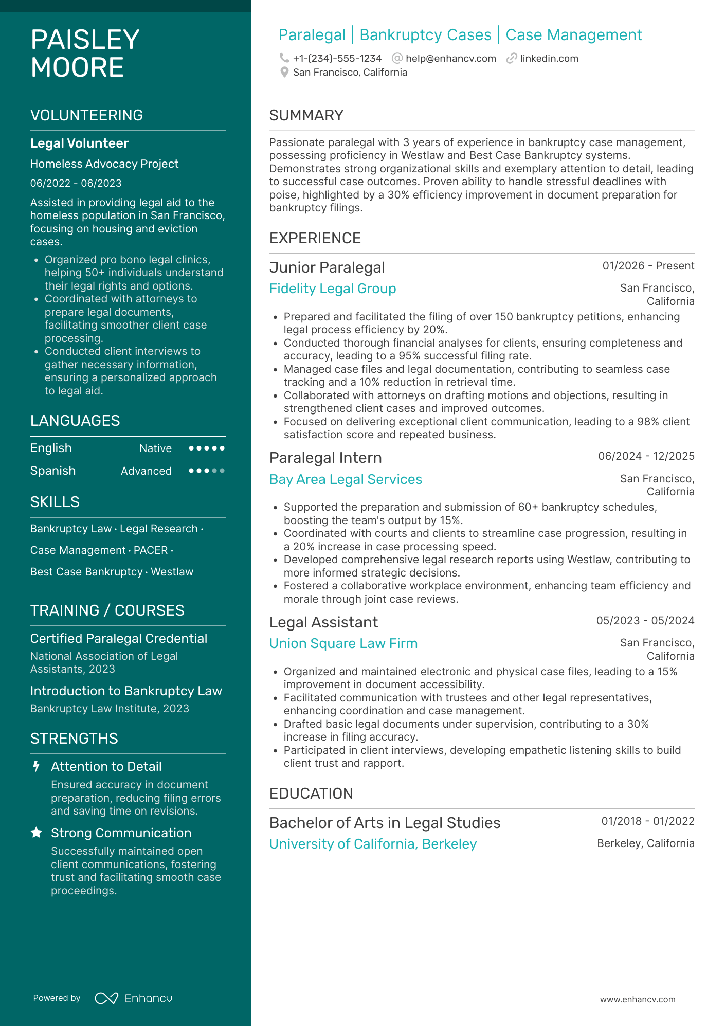 A resume example of a Experienced Bankruptcy Paralegal