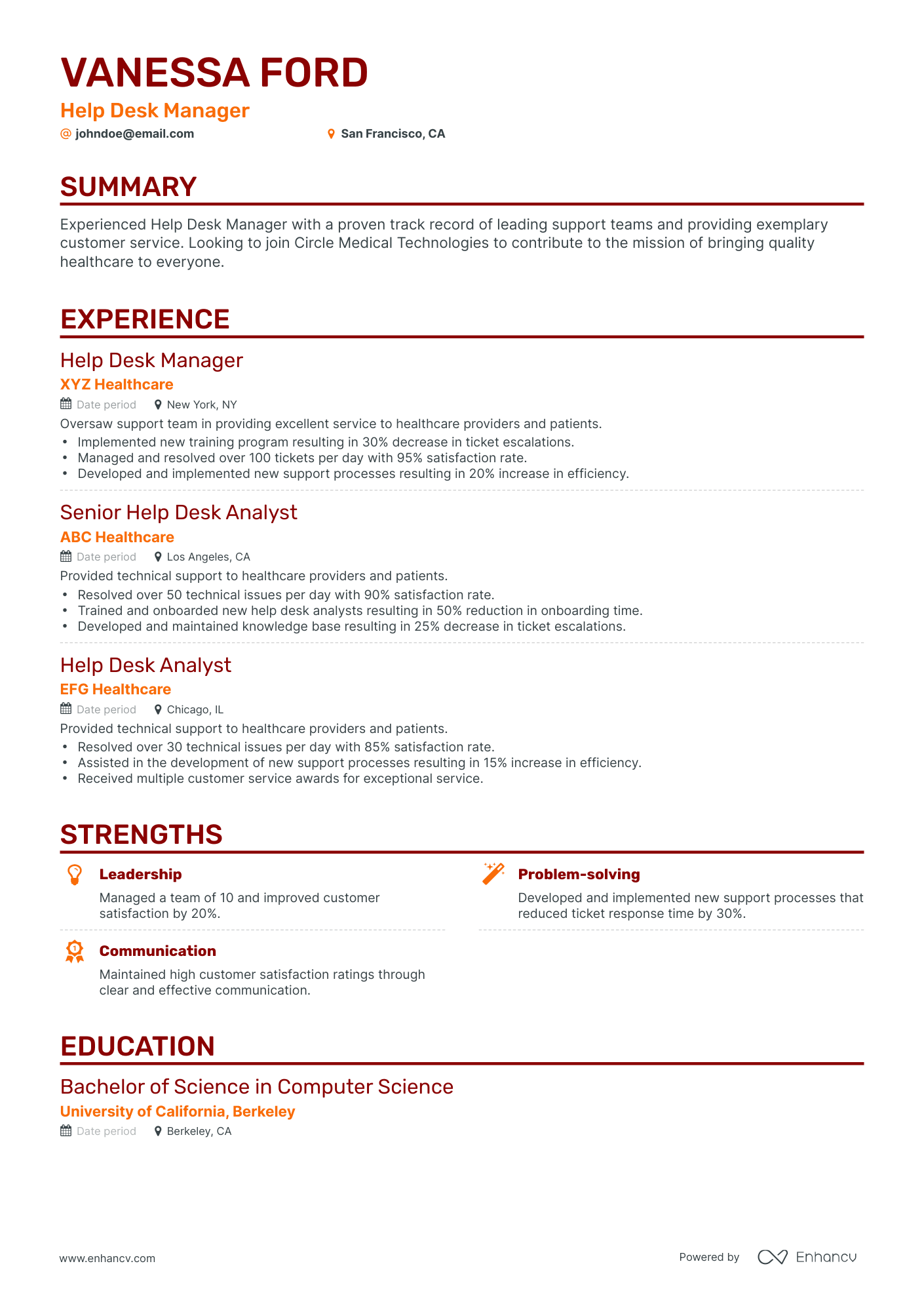 Classic Help Desk Manager Resume Template