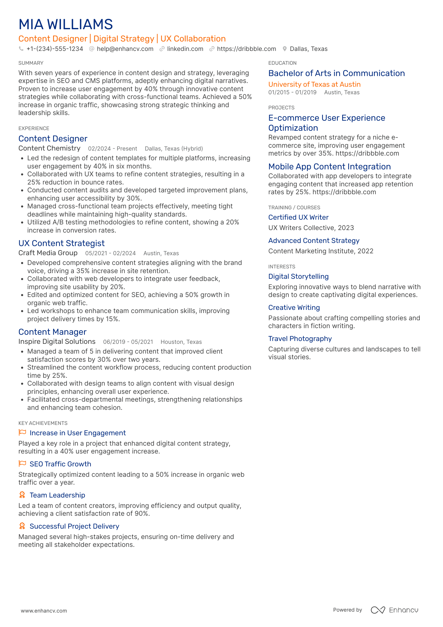 A resume example of a Content Designer