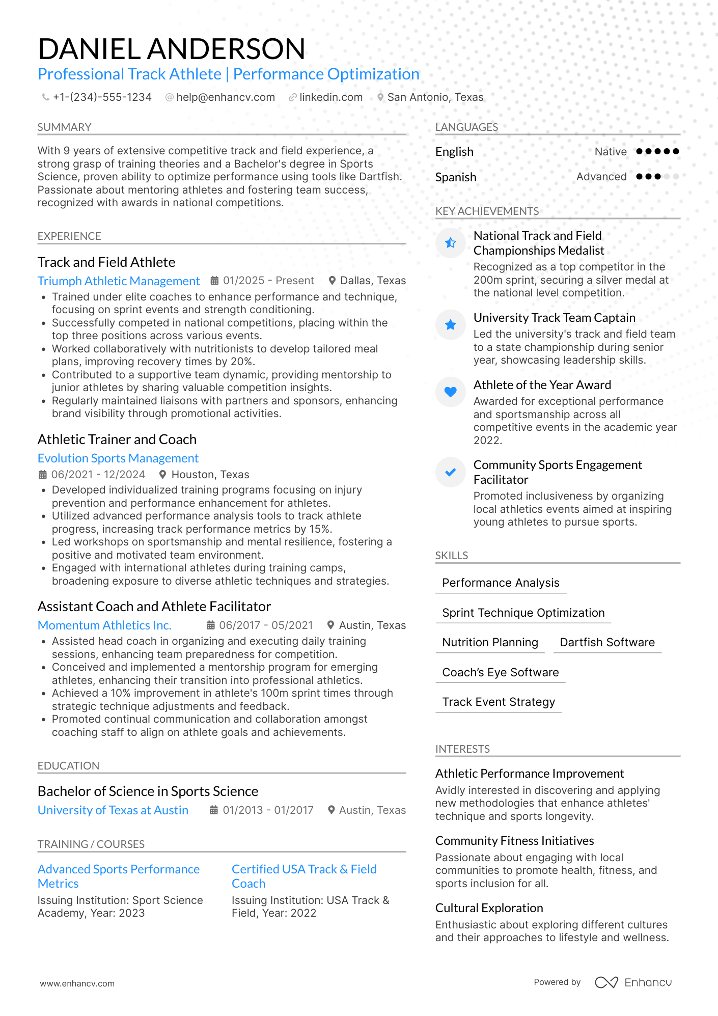 A resume example of a Track And Field Athlete