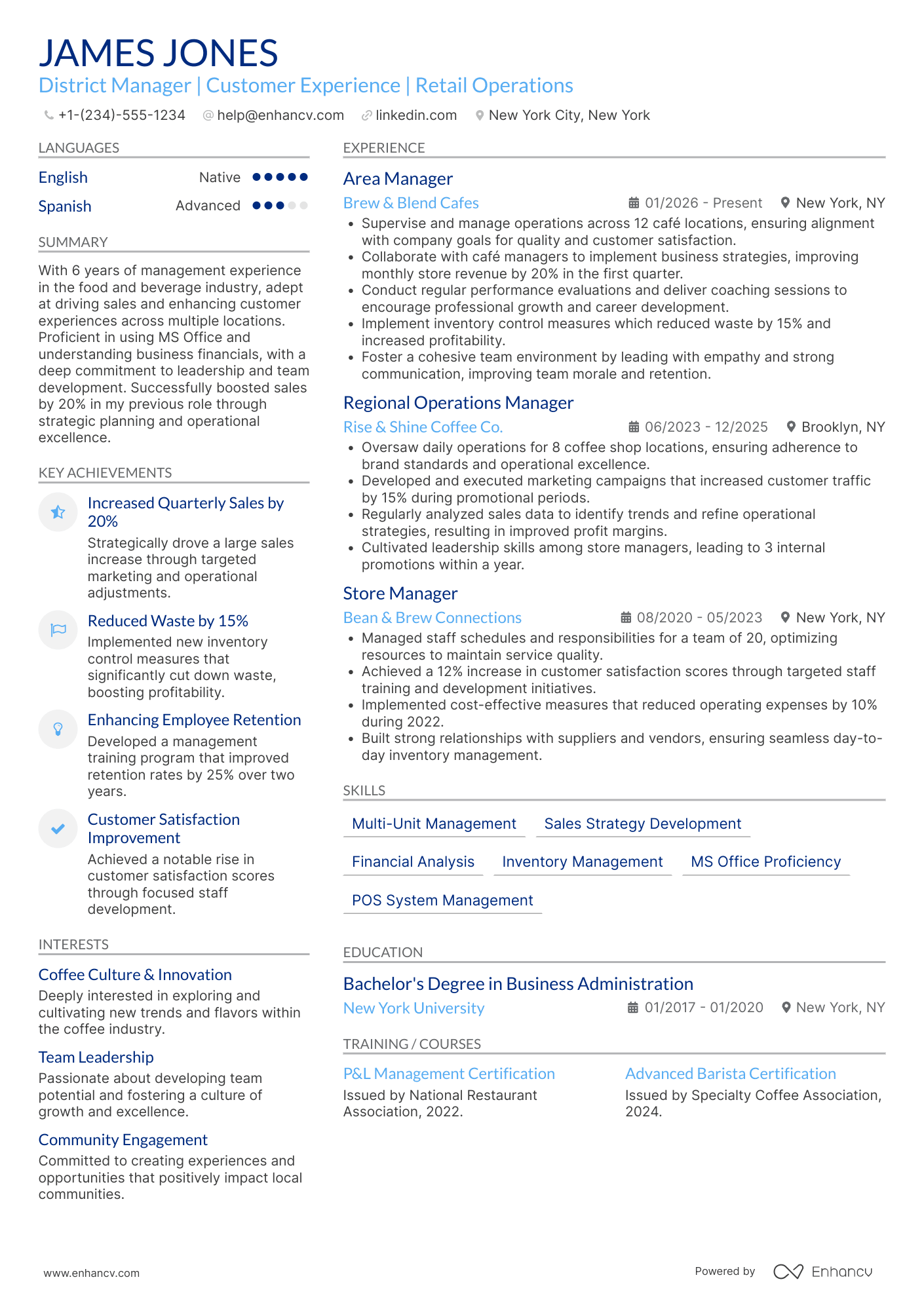A resume example of a Starbucks District Manager