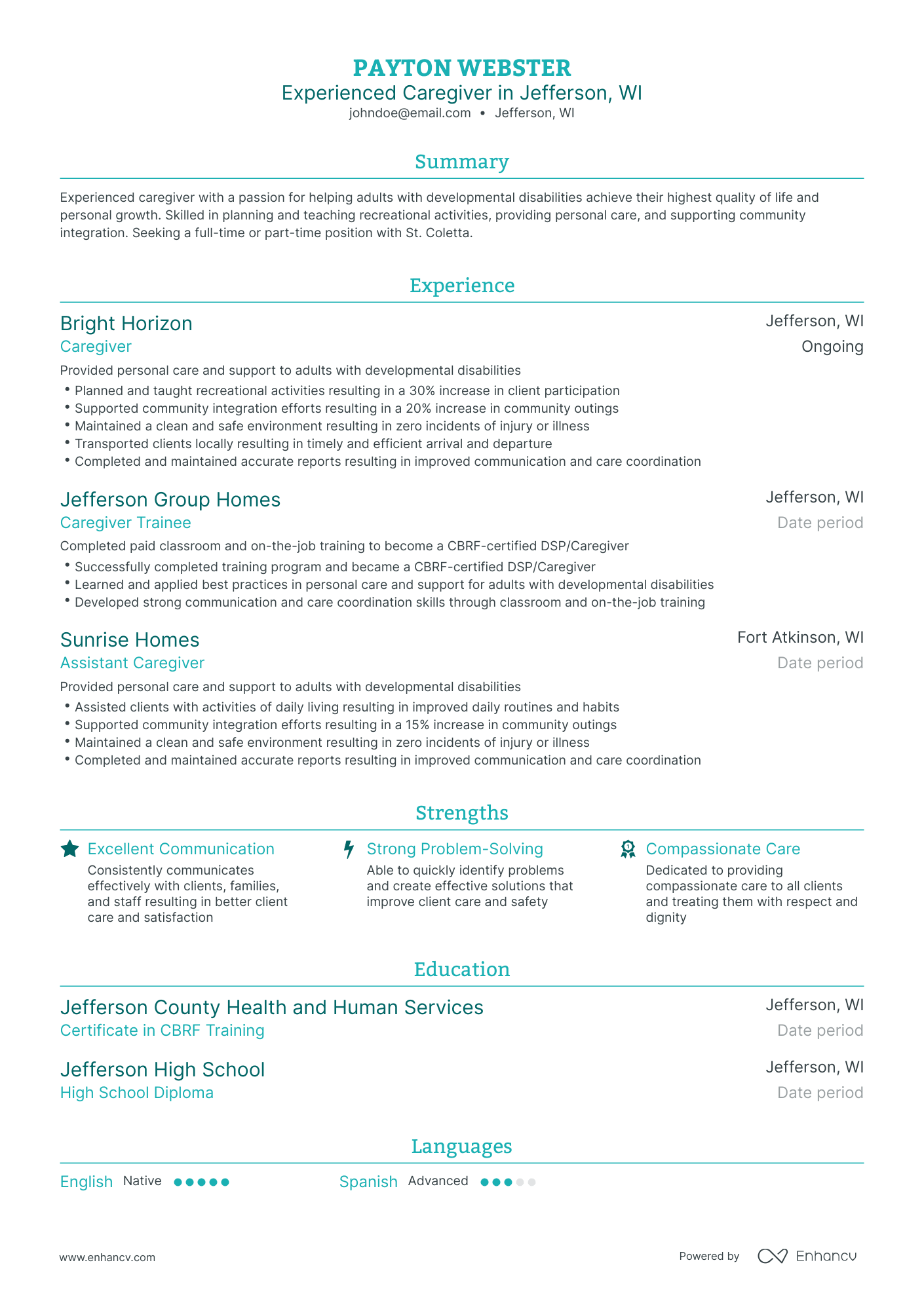 Traditional Caregiver Resume Template