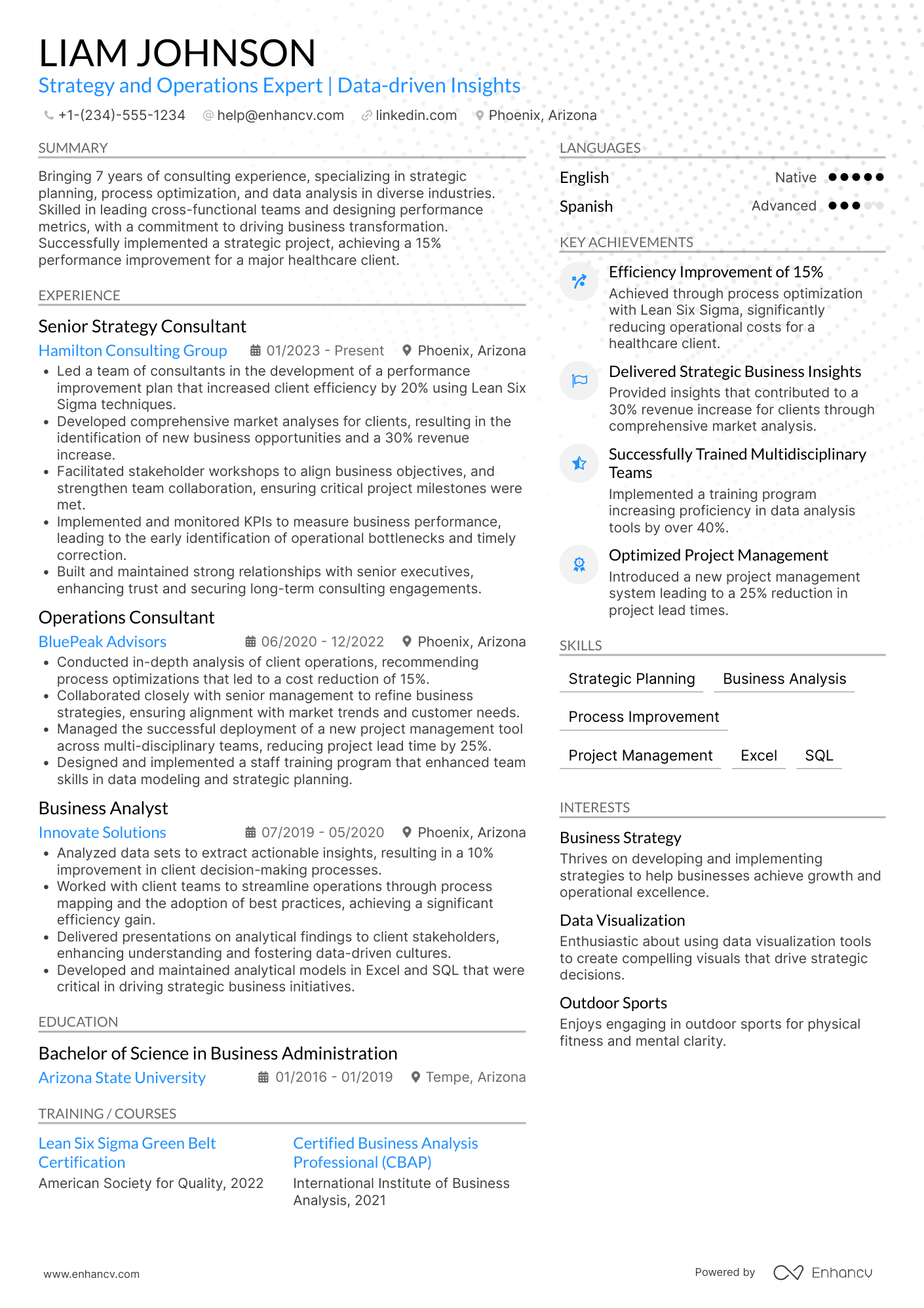 A resume example of a Deloitte Strategy and Operations Consultant
