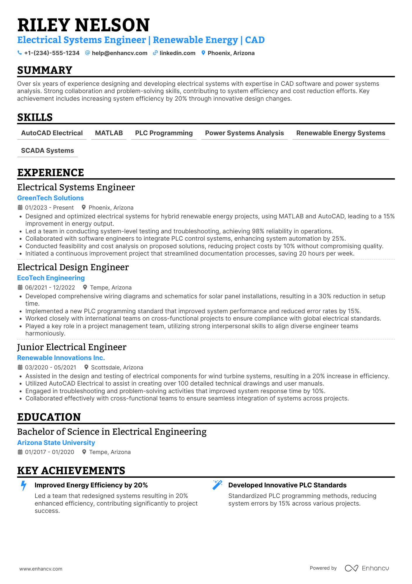 A resume example of a Electrical Systems Engineer