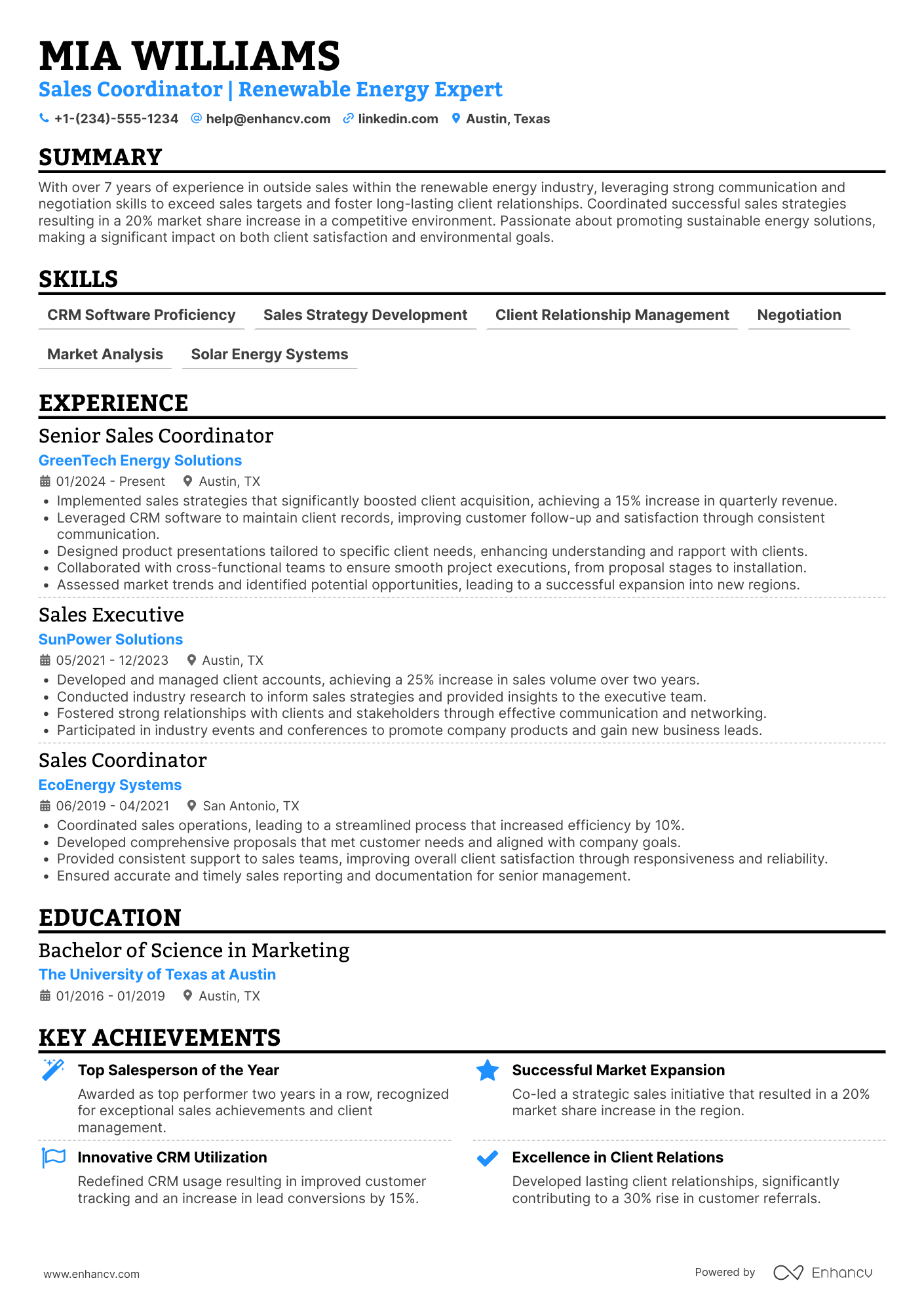 A resume example of a Experienced Outside Sales Coordinator