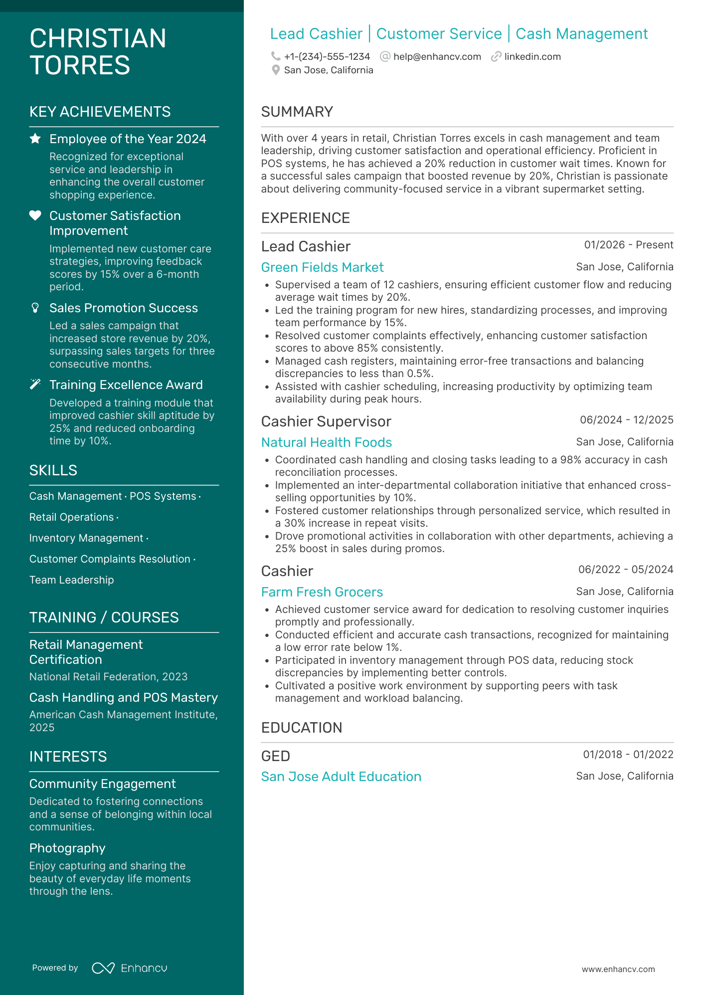 A resume example of a Lead Cashier