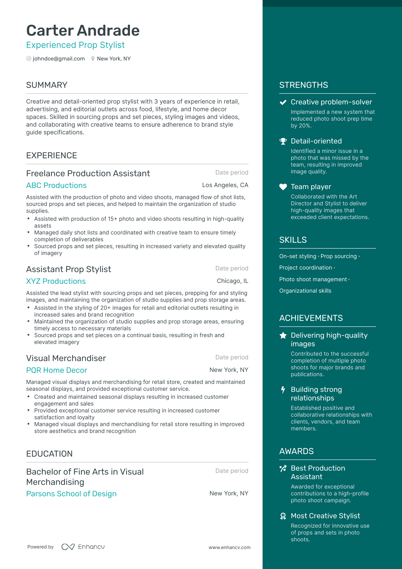 One Page Freelance Production Assistant Resume Template