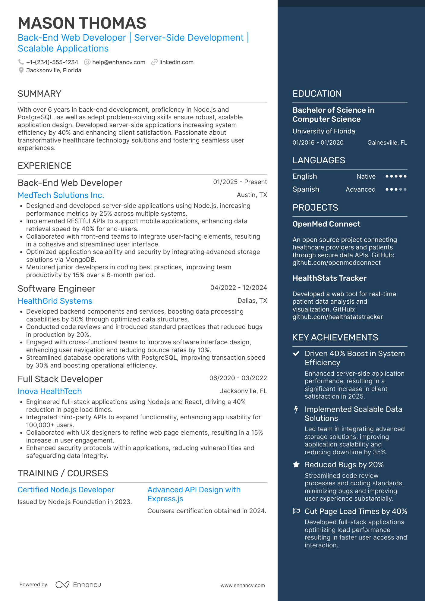 A resume example of a Back End Web Developer