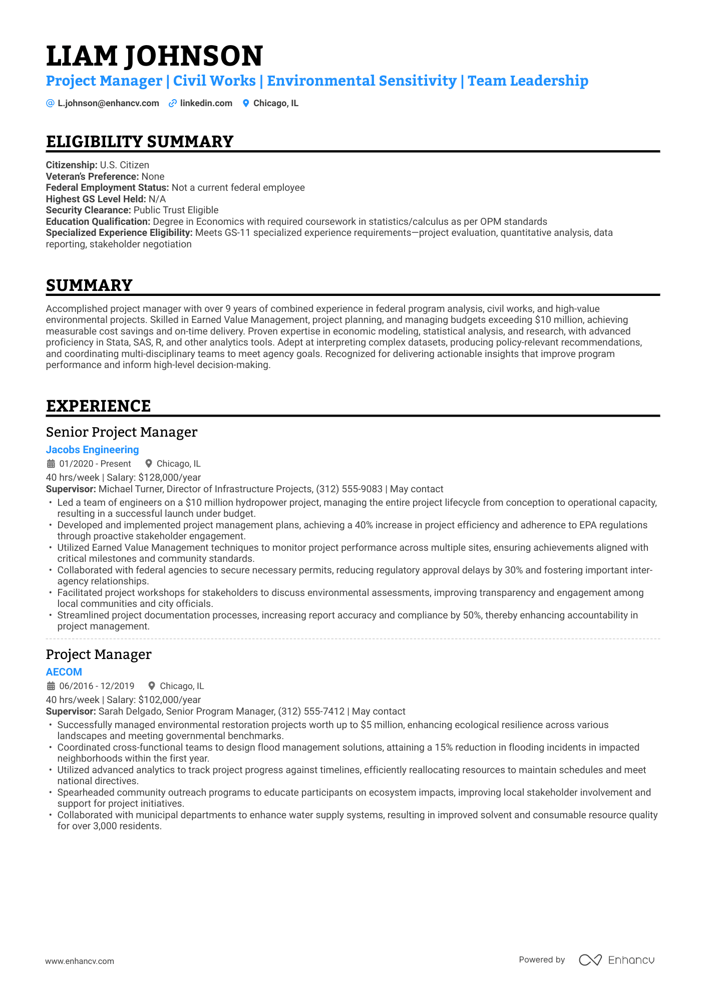 A resume example of a Project Manager
