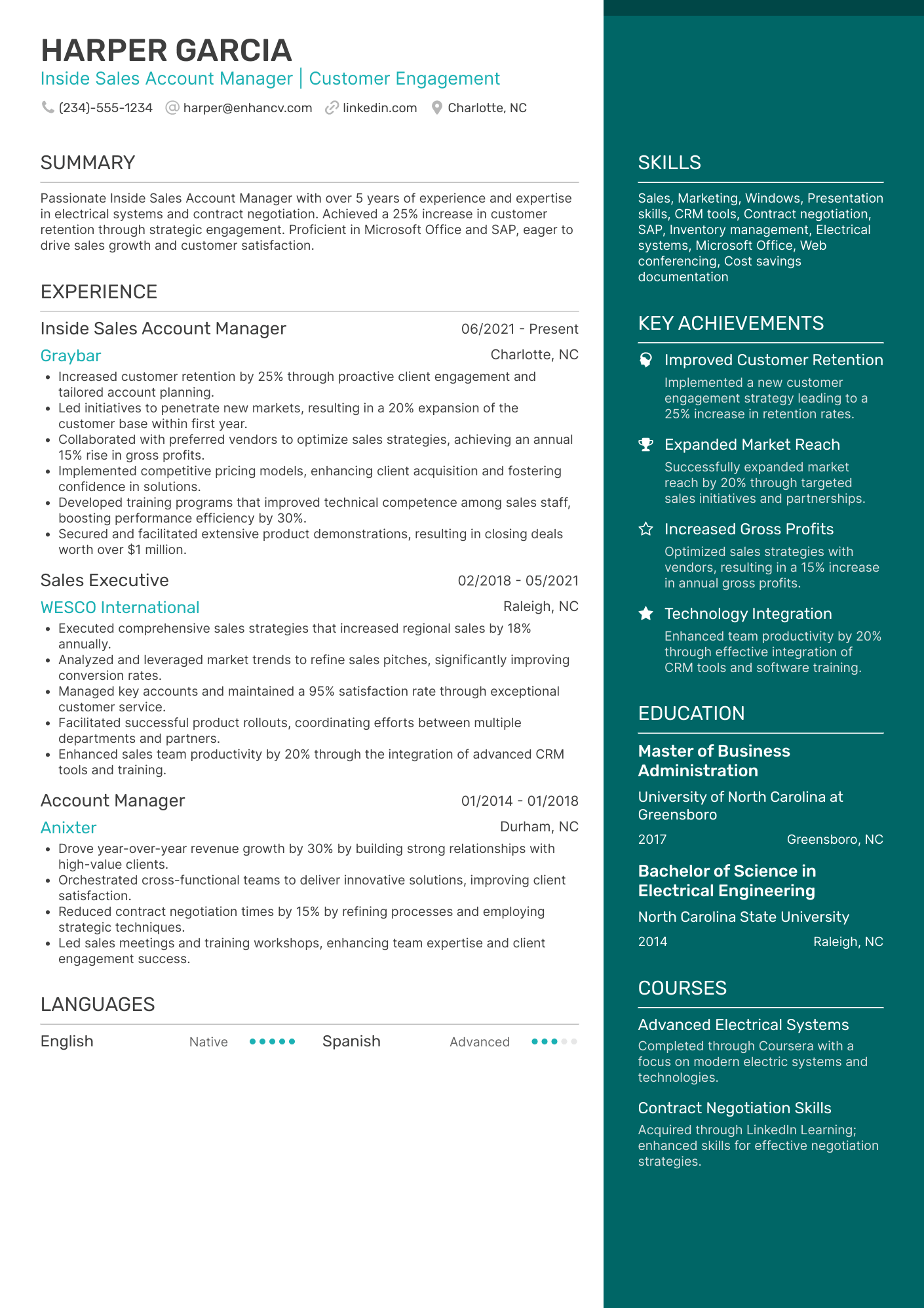 A resume example of a Inside Sales Manager