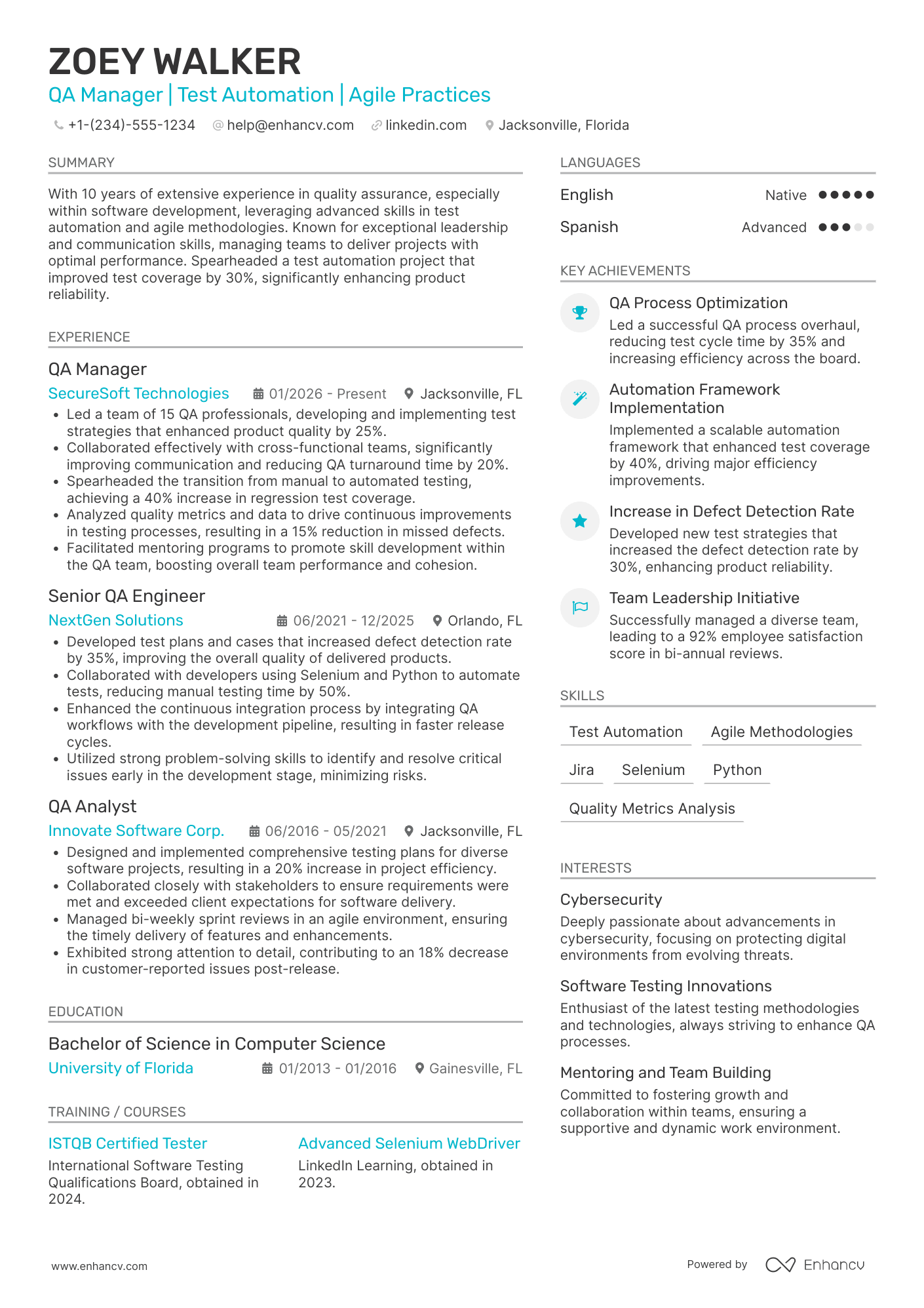 A resume example of a QA Manager