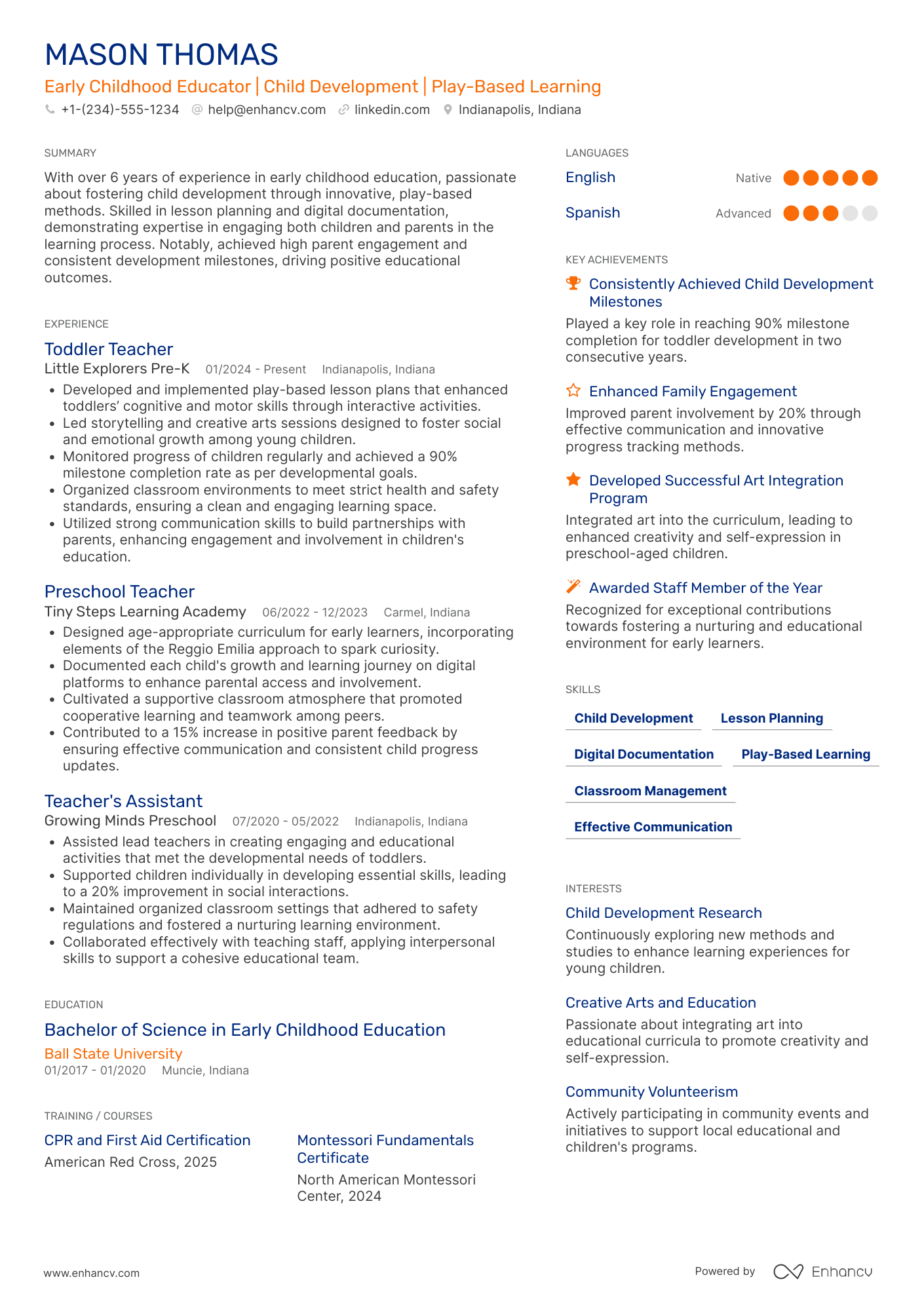 A resume example of a Toddler Teacher