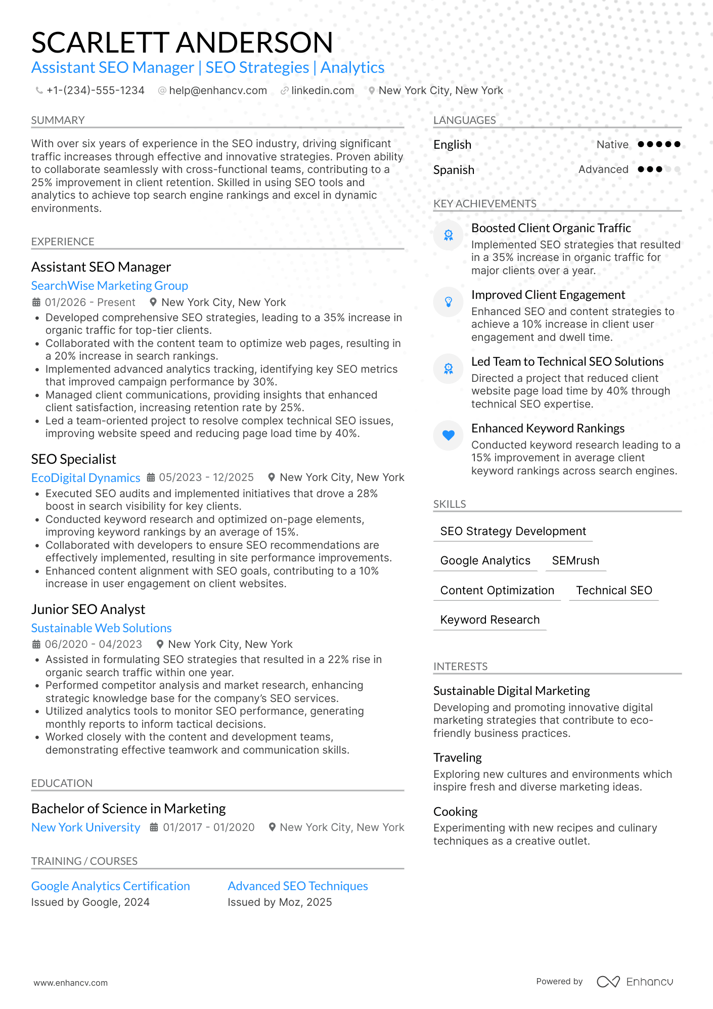 A resume example of a Assistant SEO Manager