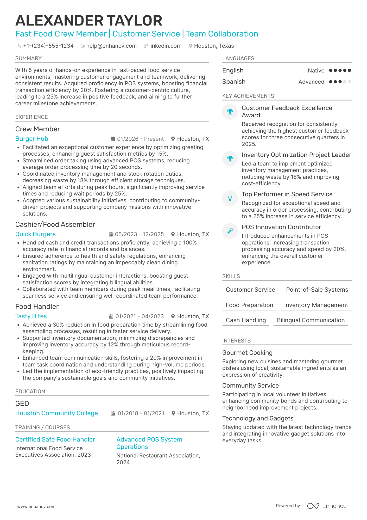 A resume example of a Fast Food
