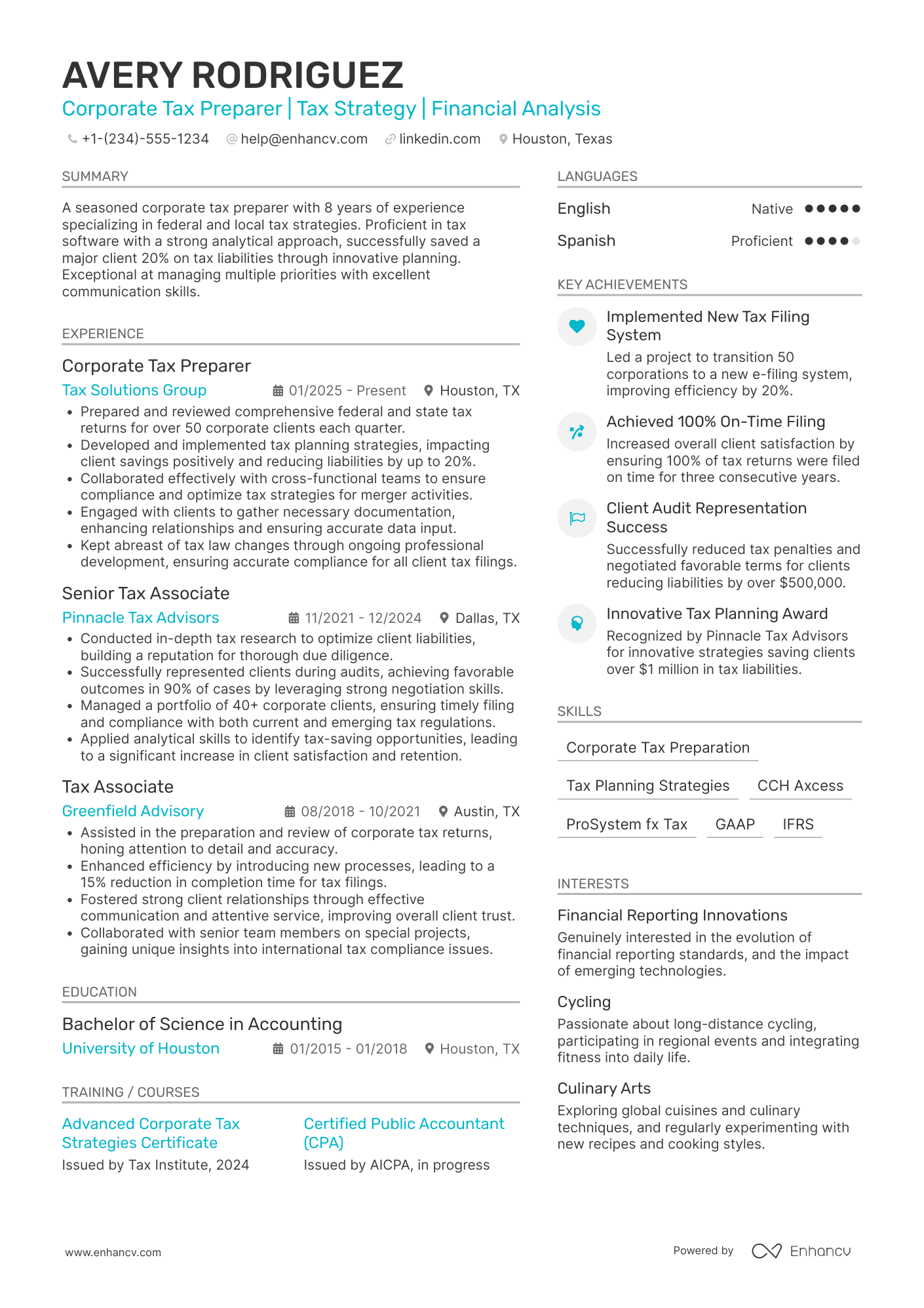 A resume example of a Corporate Tax Preparer