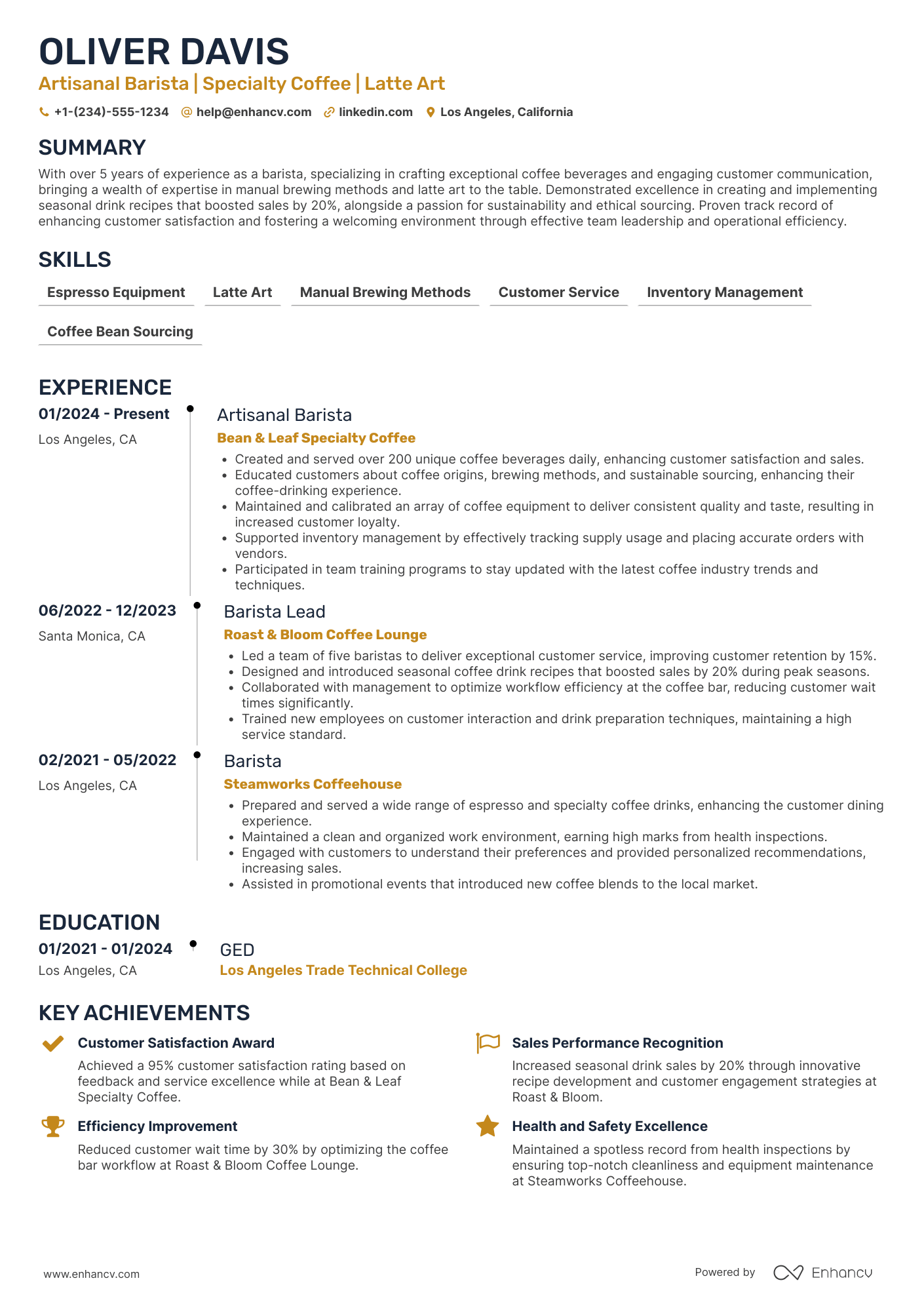 A resume example of a Artisanal Barista