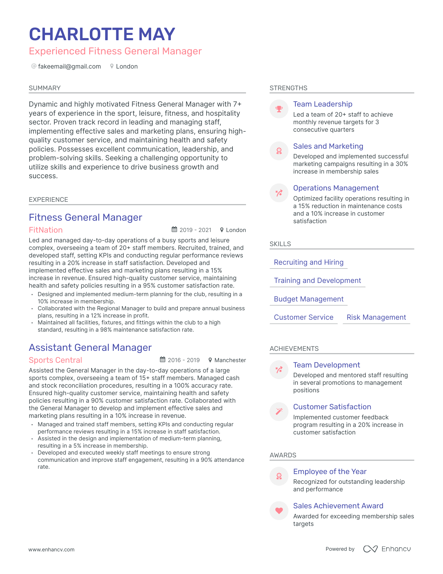 Modern Fitness General Manager Resume Template
