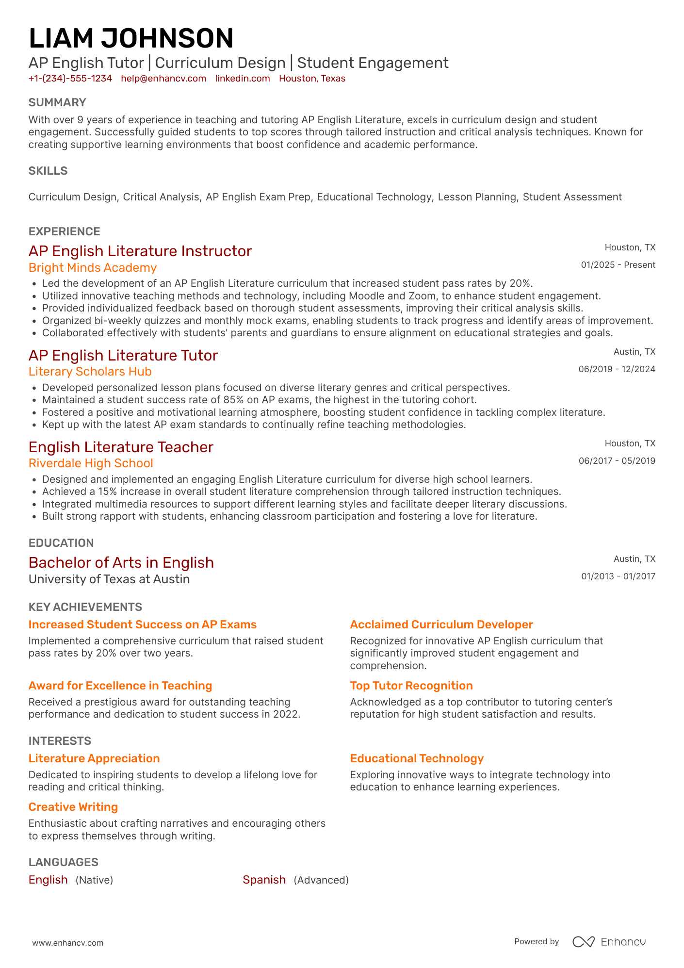 A resume example of a AP English Literature Tutor