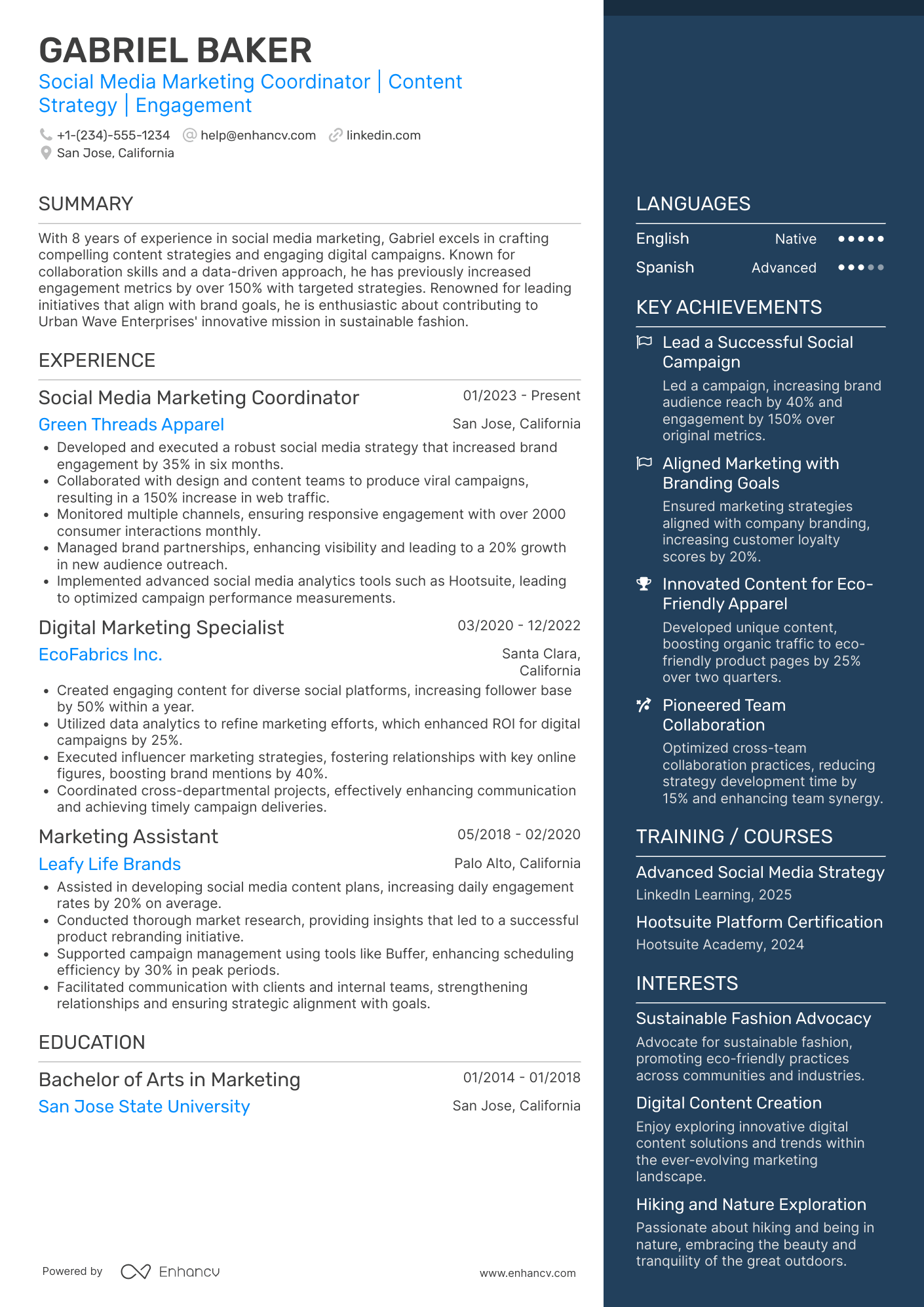 A resume example of a Social Media Marketing Coordinator