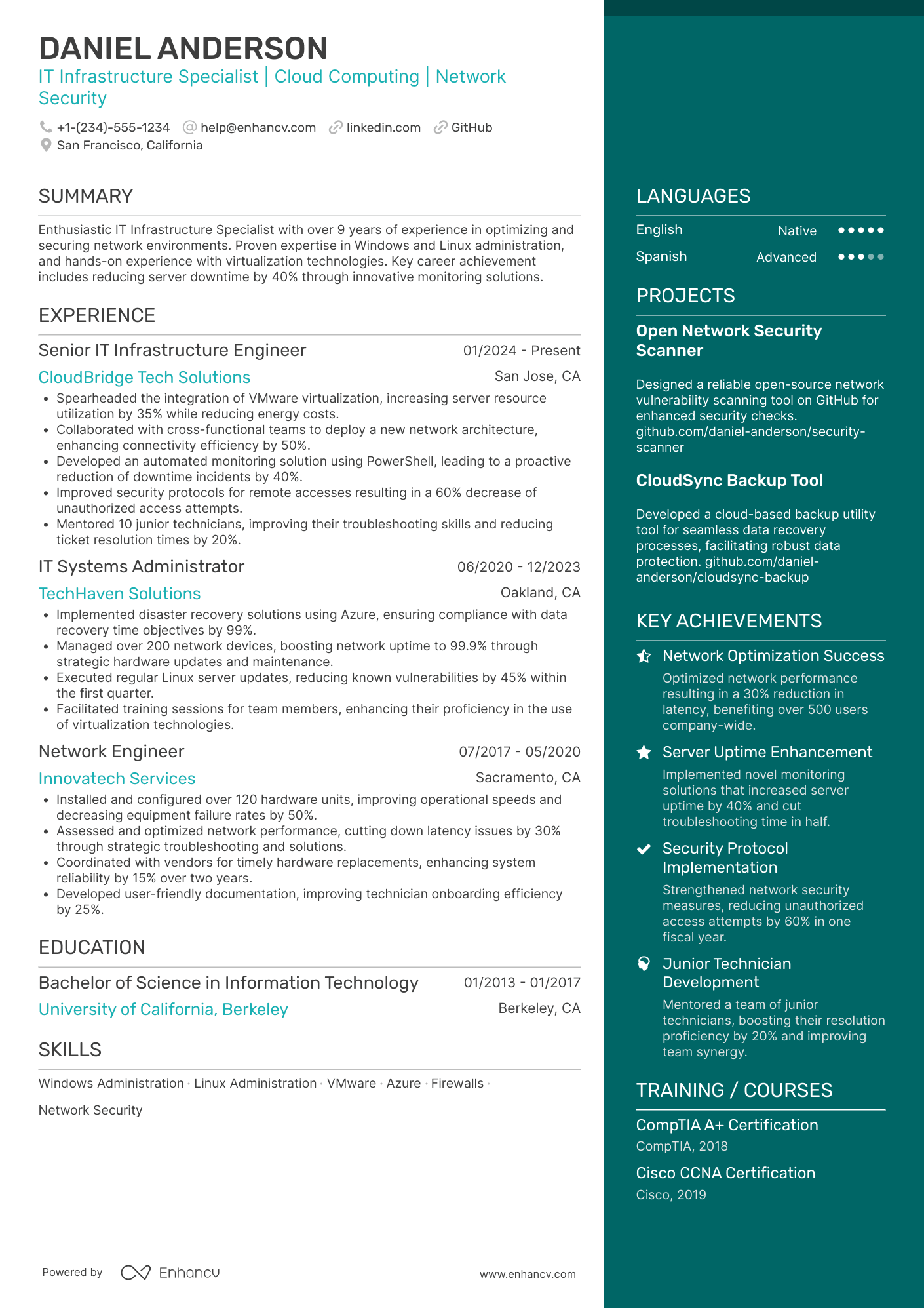 A resume example of a IT Infrastructure Technician