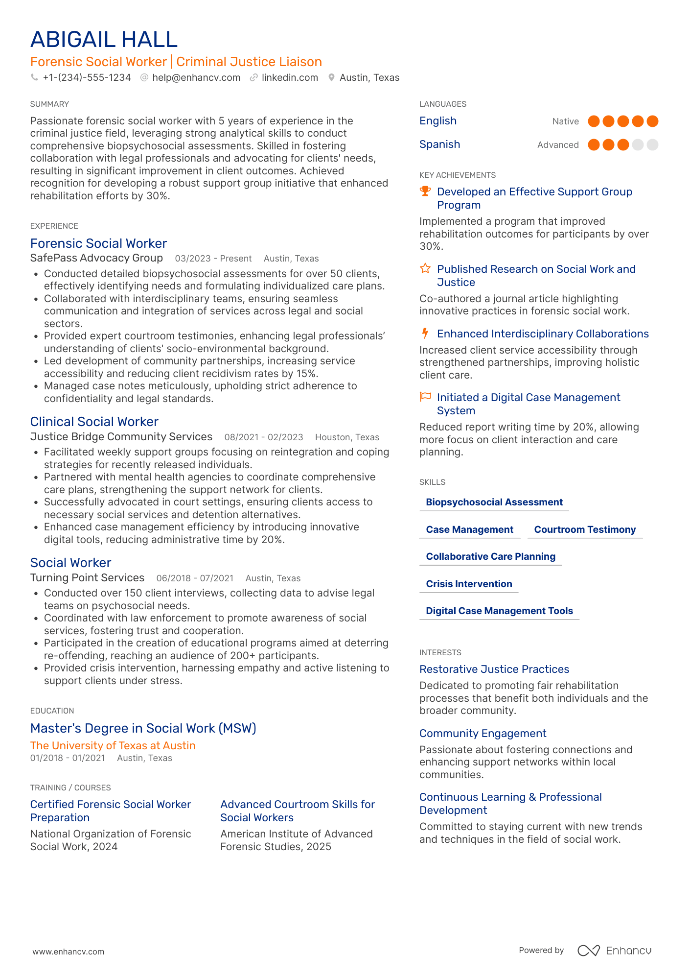 A resume example of a Forensic Social Worker