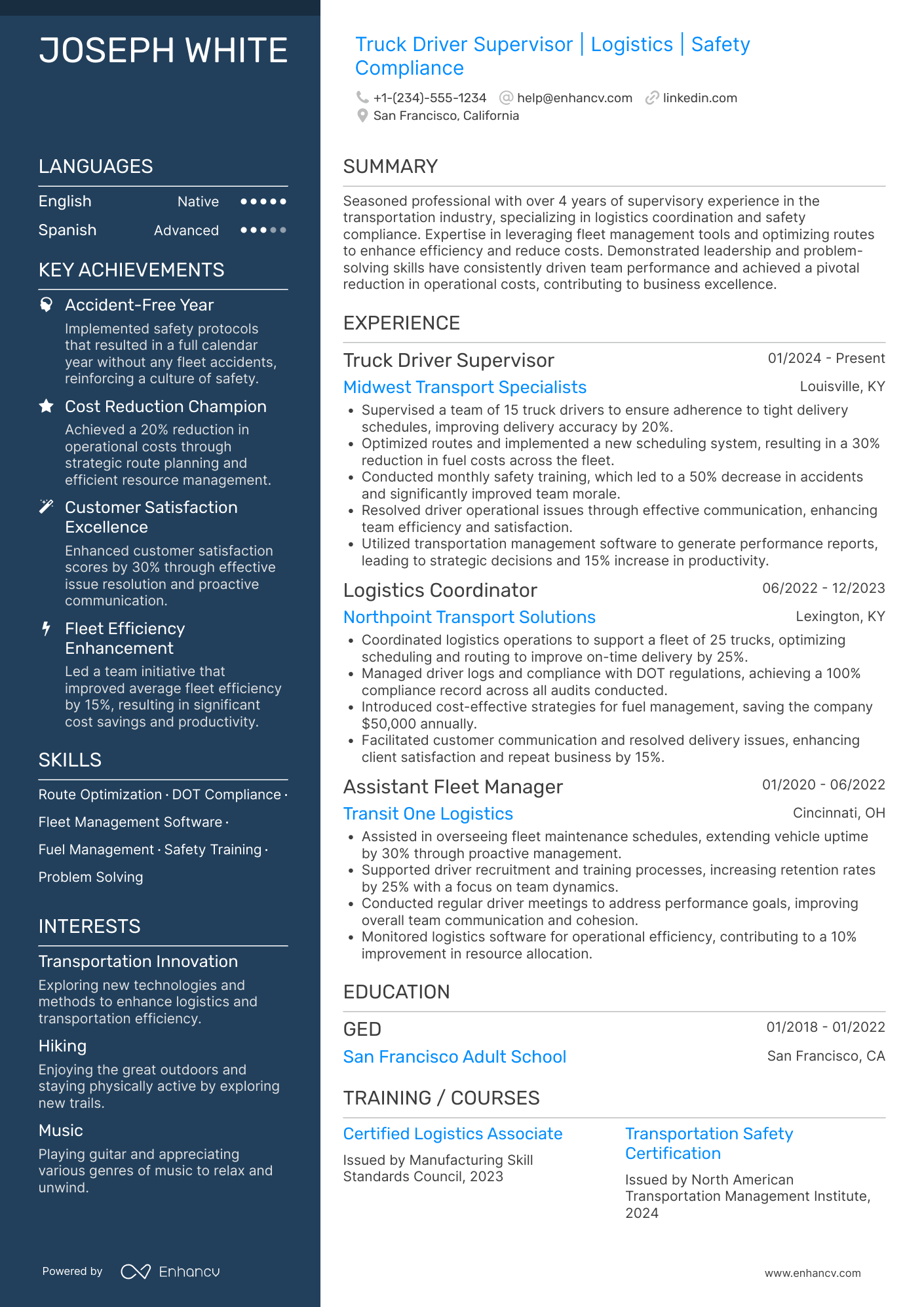 A resume example of a Truck Driver Supervisor