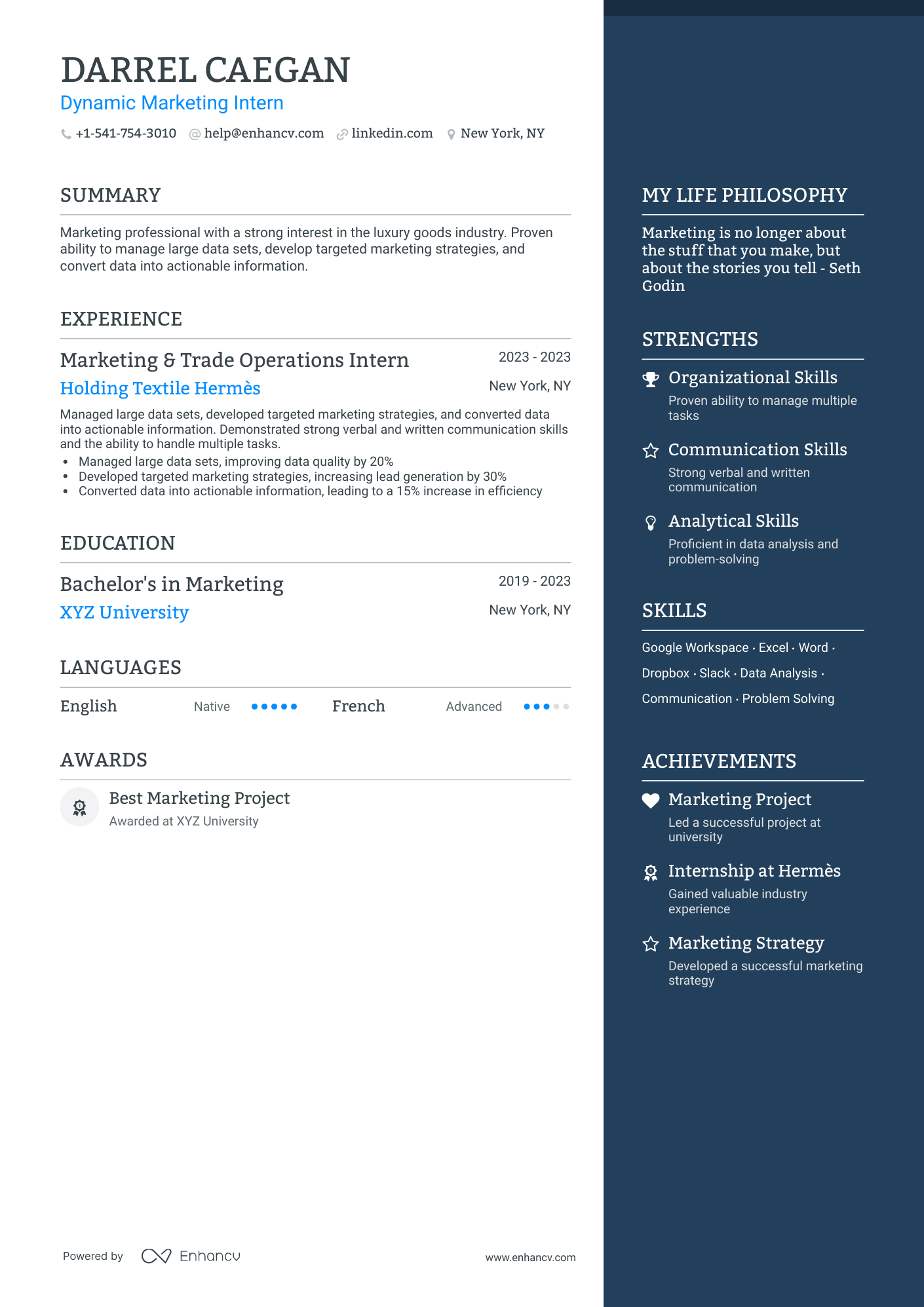 One Page Marketing Intern Resume Template