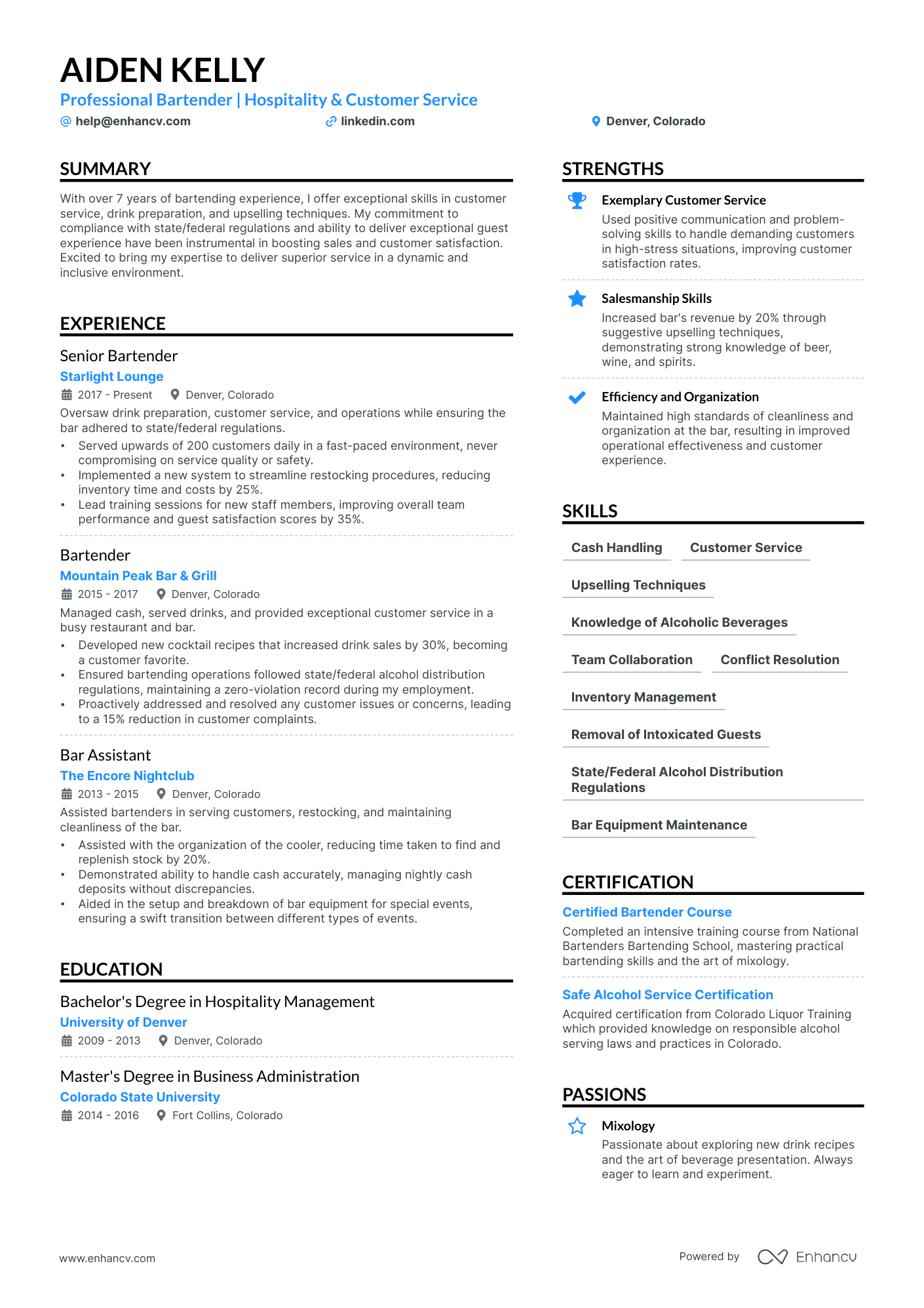 resume summary examples for bartender