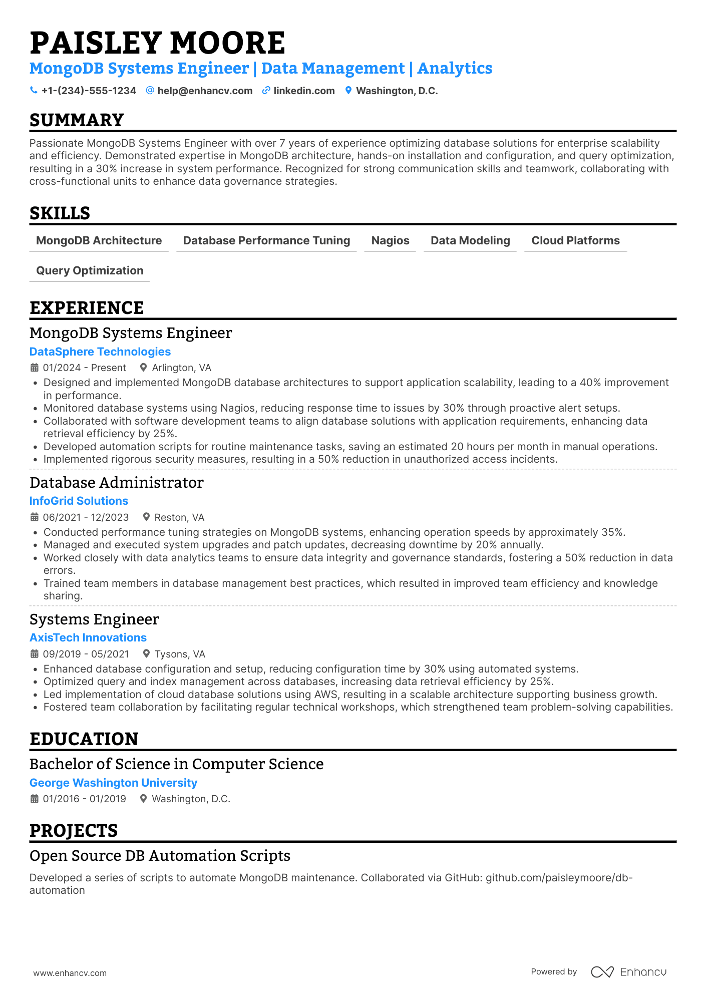 A resume example of a MongoDB Systems Engineer