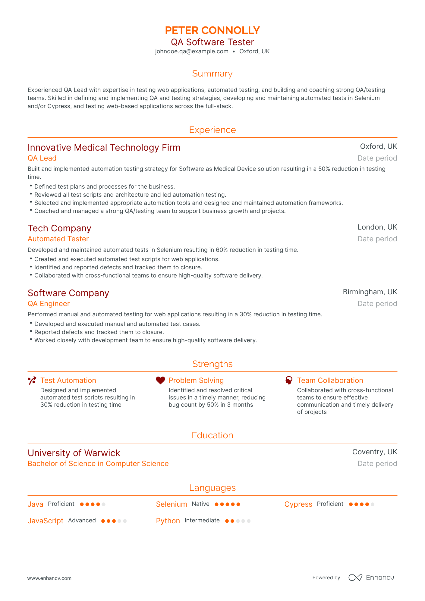 Traditional QA Software Tester Resume Template