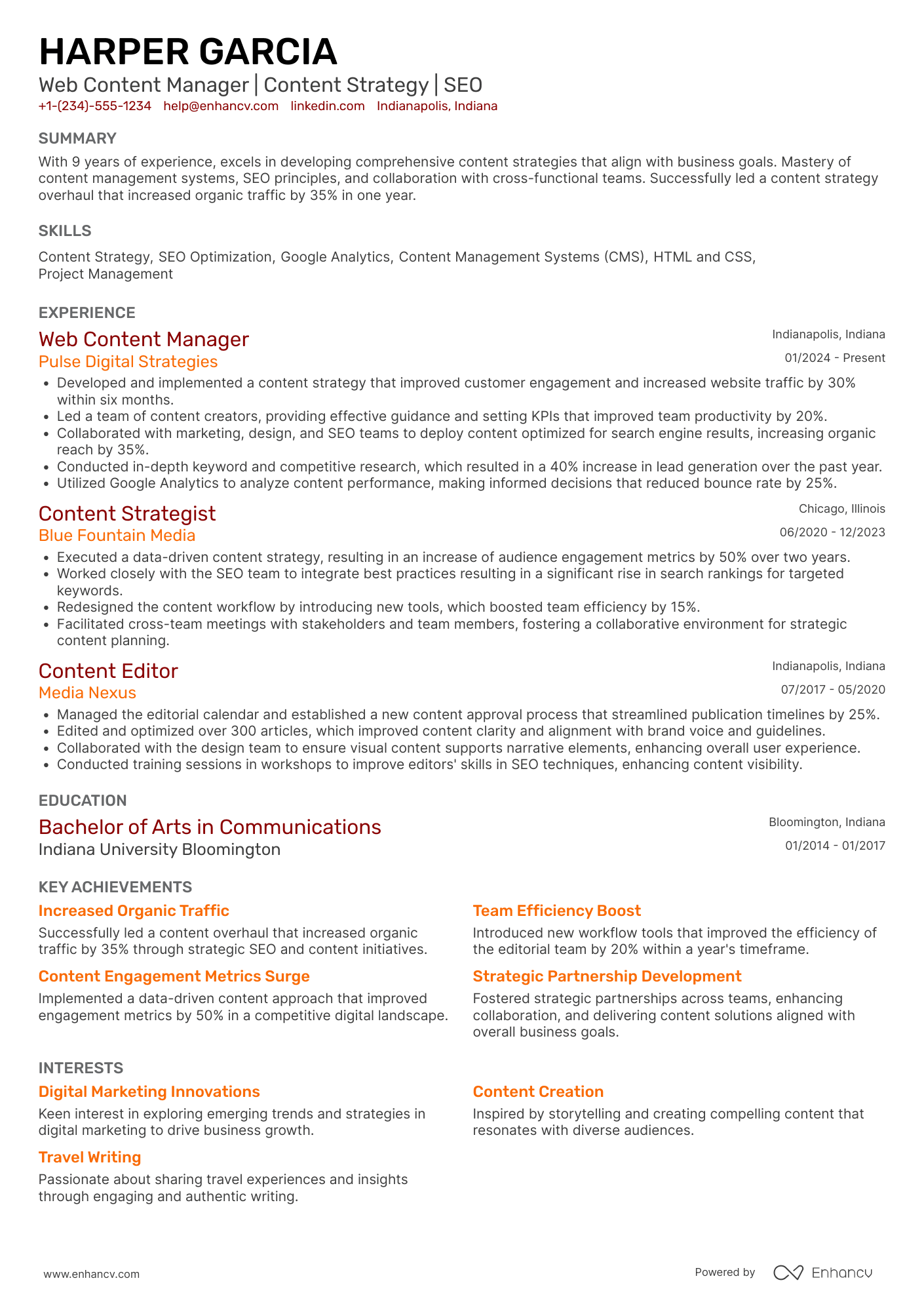A resume example of a Web Content Manager