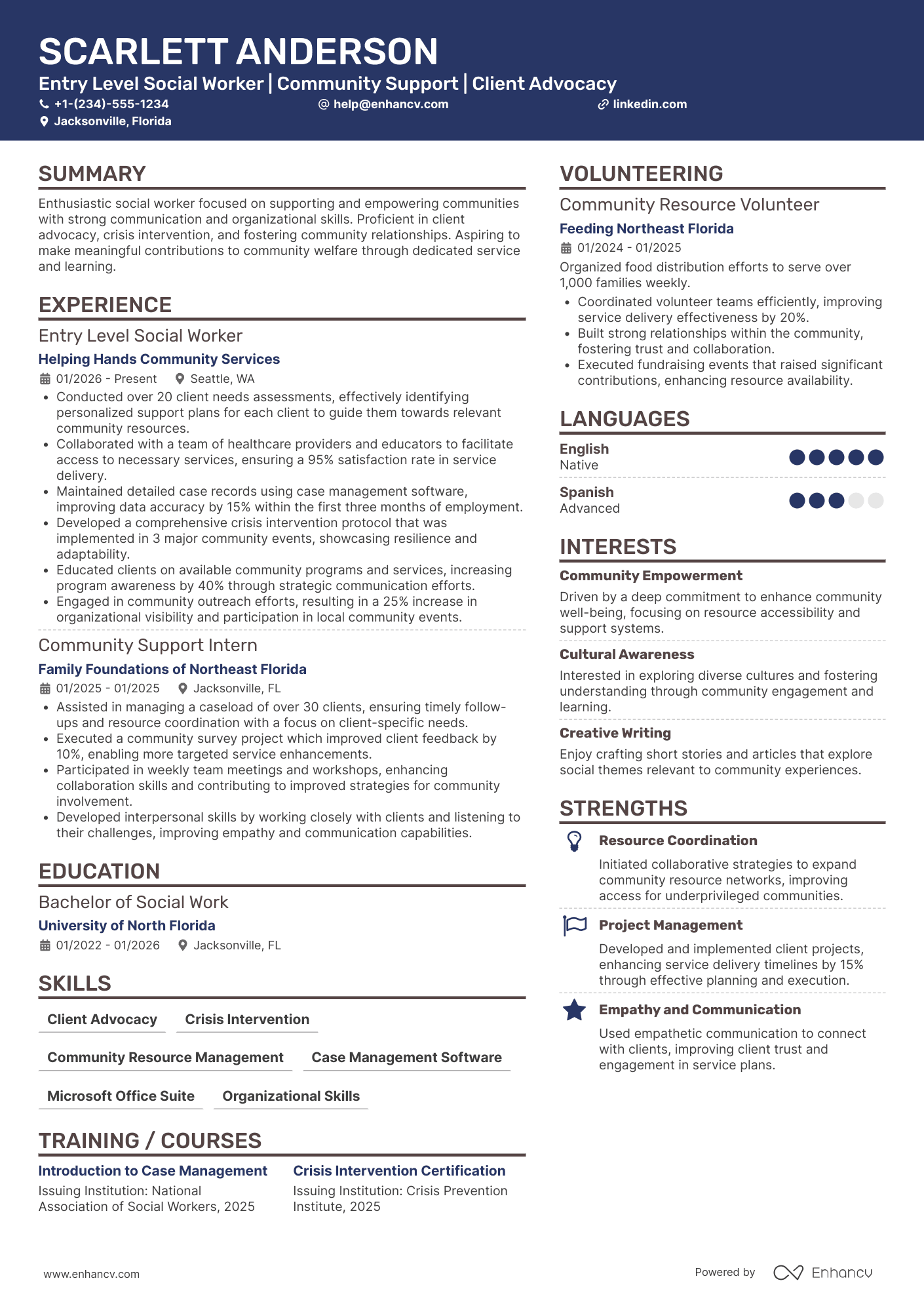 A resume example of a Entry Level Social Worker