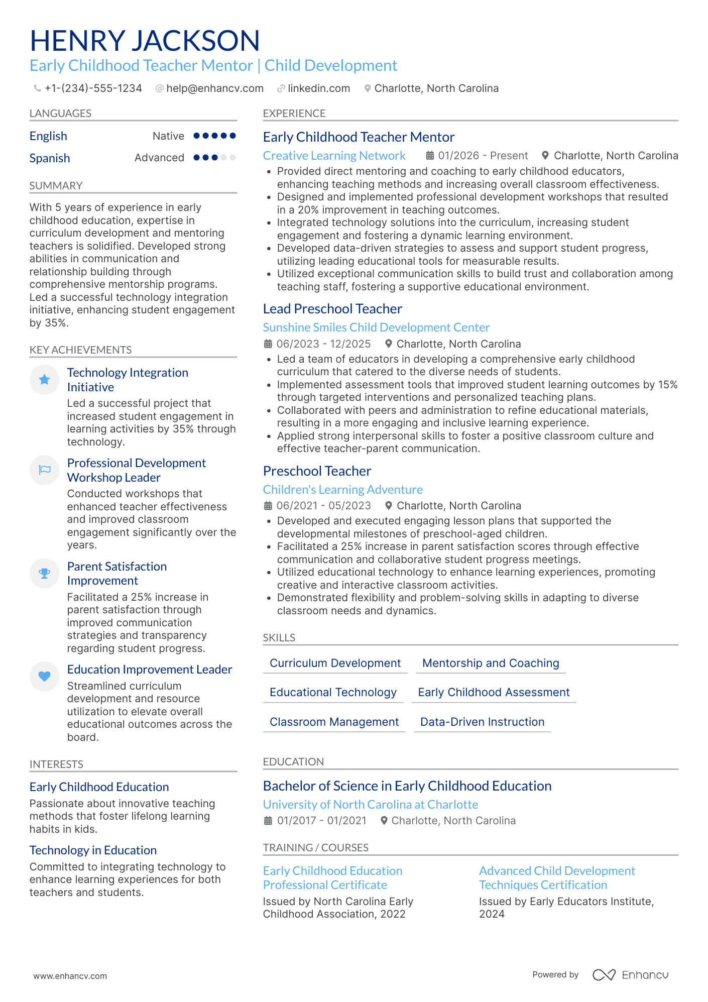 A resume example of a Early Childhood Teacher Mentor