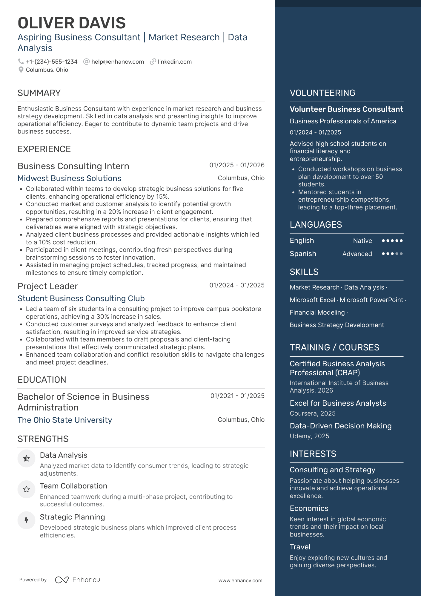 A resume example of a Undergraduate Business Consultant