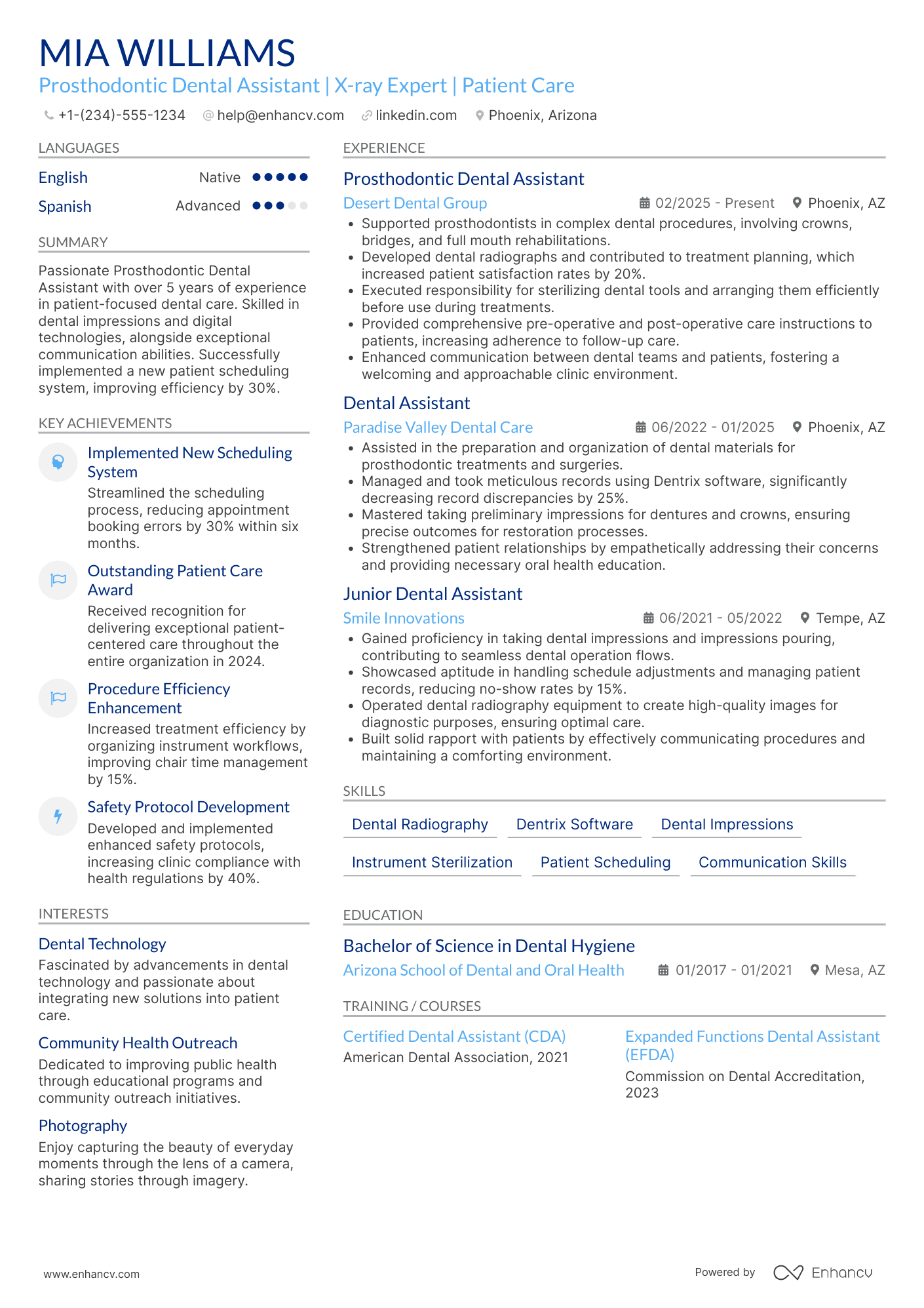 A resume example of a Prosthodontic Dental Assistant