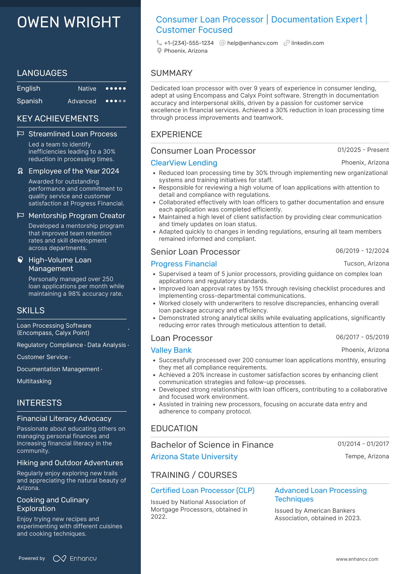 A resume example of a Consumer Loan Processor