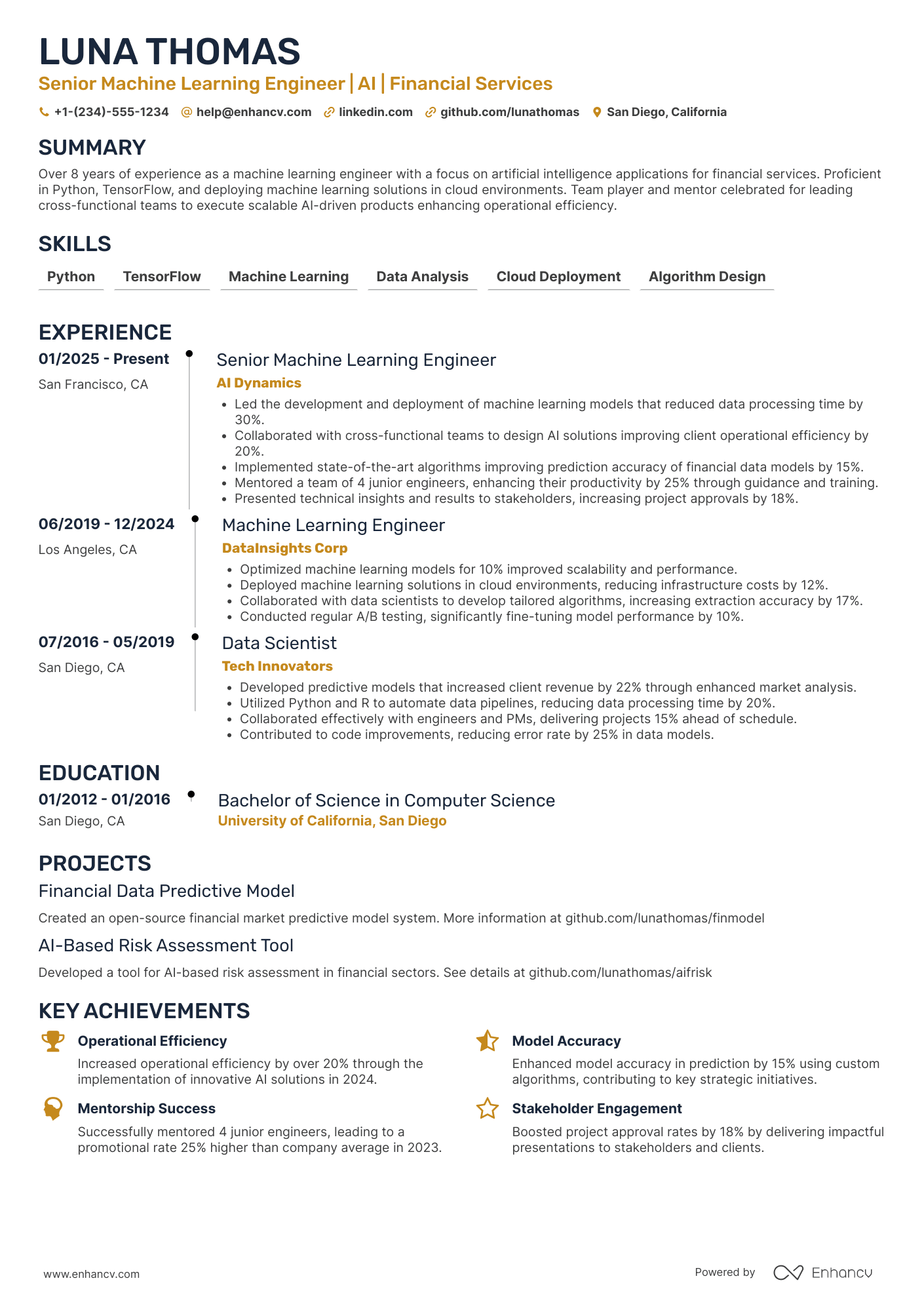 A resume example of a Senior Machine Learning Engineer