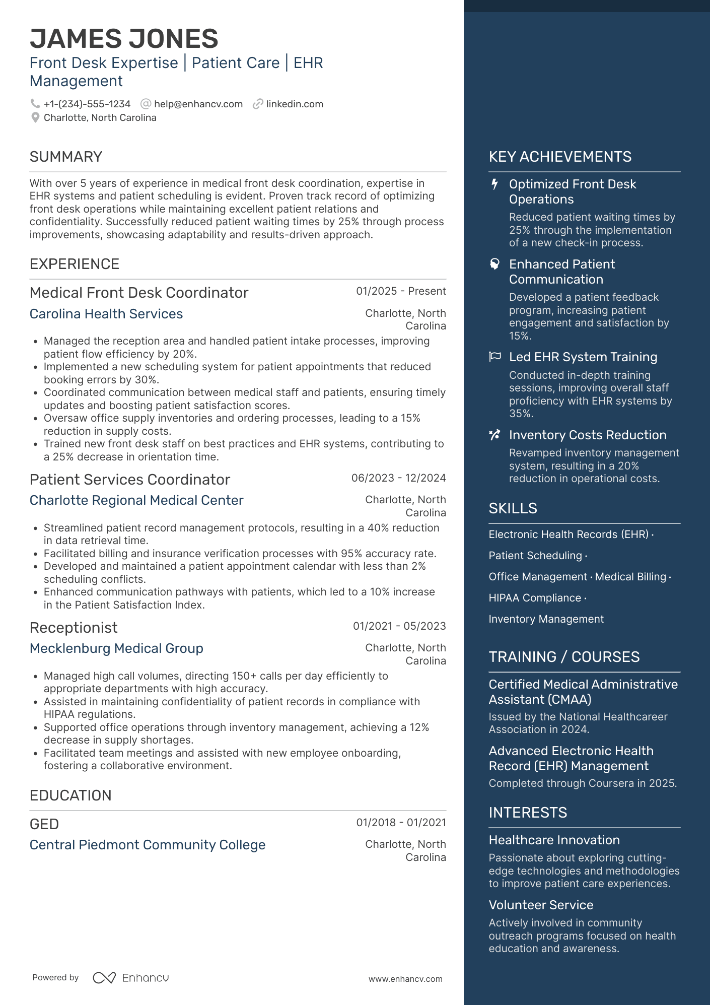 A resume example of a Front Desk Coordinator