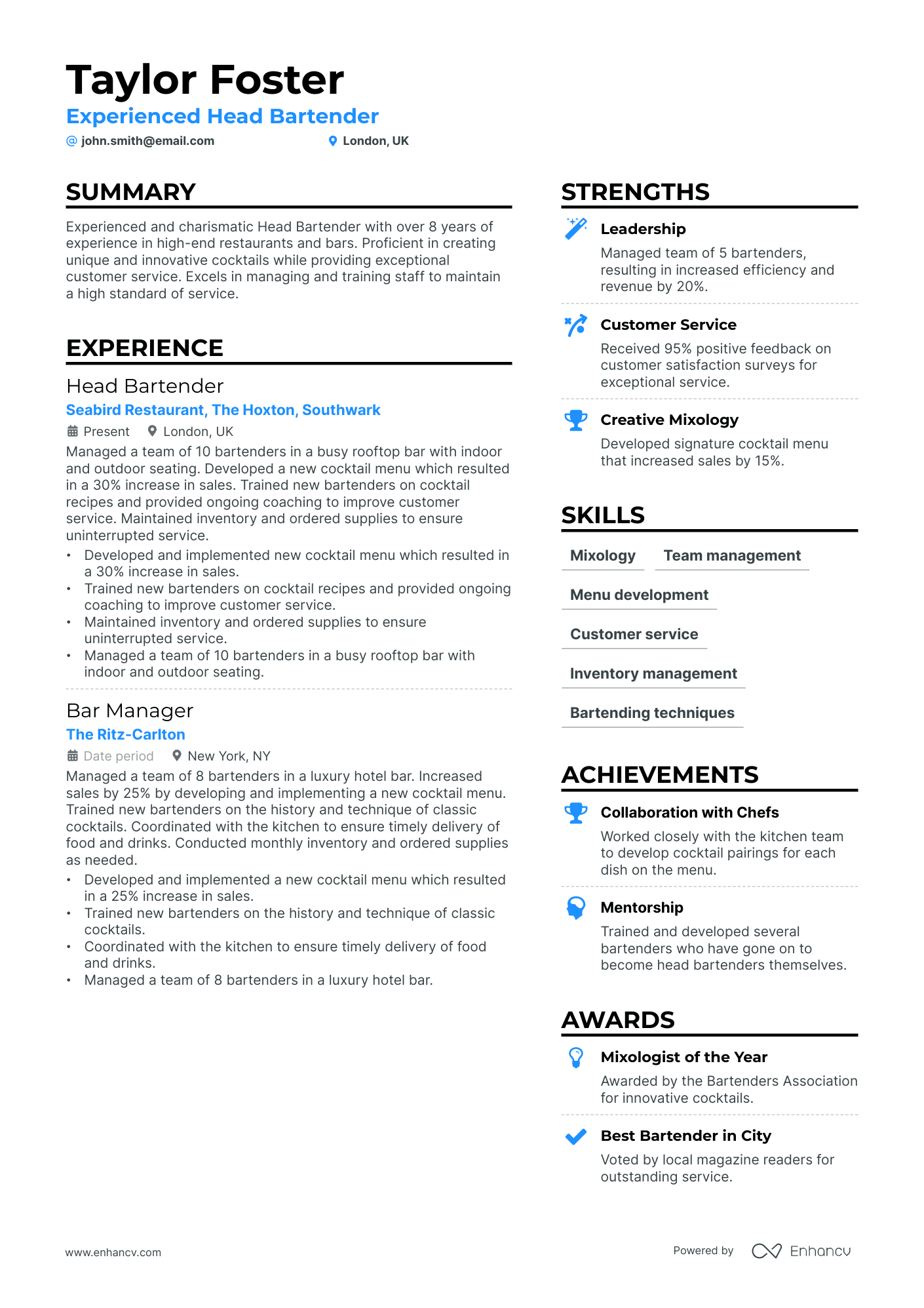 A resume example of a Head Bartender