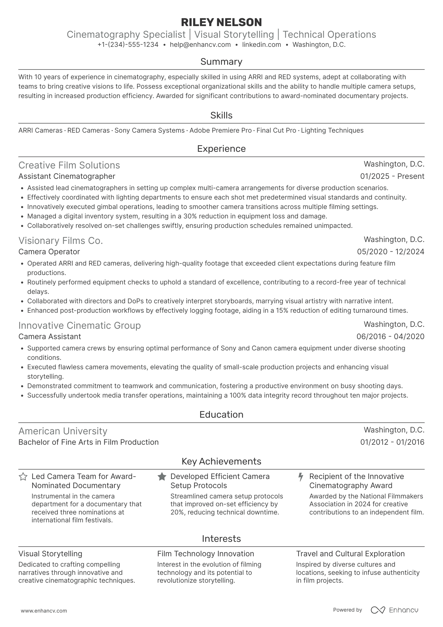 A resume example of a Assistant Cinematographer
