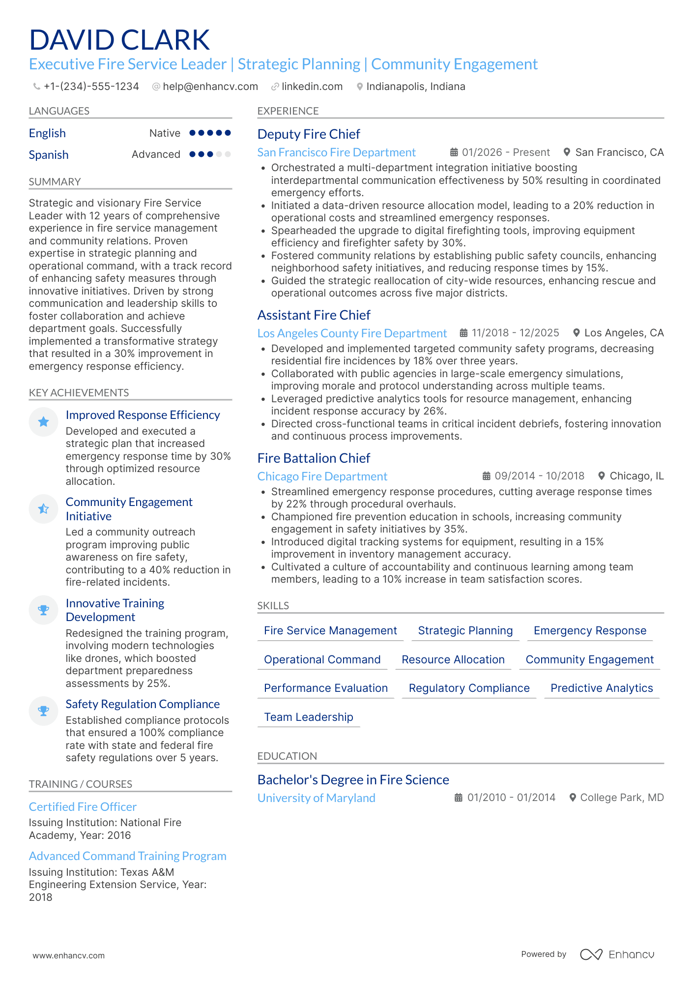 A resume example of a Firefighter Chief